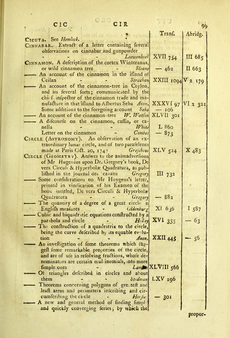CicuTA. See Hemlock. ' Cinnabar. Extract of a letter containing feveral obfervations on cinnabar and gunpowder - - Leewenhoel Cinnamon. A defcription of the cortex Winteranus, or wild cinnamon tree - Sloane . An account of the cinnamon in the ifland of Ceilan - - Strachan w An account of the cinnamon-tree in Ceylon, and its feveral forts; communicated by the chi' f infpe&or of the cinnamon trade and ma- nufa<Elure in that ifland to Albertus Seba Anon. Some additions to the foregoing account Seba -  — An account of the cinnamon-tree W. Watfon - — A difcourfe on the cinnamon, caffia, or ca nella - - White Letter on the cinnamon - Combes Circle (Astronomy). An obfervation of an ex- traordinary lunar circle, and of two parafelenes made at Paris G£l. 20, 1747 Grejchow Circle (Geometry). Anfwer to the animadverfions of Mr Hugenius upon Dr. Gregory’s book, De vera Circuli & Hyperbolae Quadratura, as pub- lifhed in the Journal des 1cavans Gregory ■ Some confiderations on Mr Huygens’s letter, printed in vindication of his Examen of the book intitled, De vera Circuli & Hyperbolae Quadratura - - Gregory The quantity of a degree of a great circle n Englifh meafures - Uldenbw g —— Cubic and biquadrrtic equations conftru&ed by a parabola and circle - HAiey —— The conftrudtion of a quadratrix to the circle, being the curve described by its equable evHu tion - - Anon. —— An inveftigation of fome theorems which fOa- geft fome remarkable properties of the circle, and are of ufe in refolving fractions, whole de- nominators are certain multinomials, into more fimple ones - Lanfrn > ■ Of triangles defcribed in circles and about them - - Stedmun — Theorems concerning polygons of gre. teit and leaft areas and perimeters inicribing and cir- cumfcribmg the ci'de - HoiJ/e — A new and general method of finding fimpl 1 and quickly converging feries; by which the Tranf. Abridg. XVII 7S4 Ill 685 — 462 II 663 XXIII 1094 V 2 179 XXXVI 97 — 106 XLVI1 301 VI2 321 L 860 — 873 XLV 524 X483 HI 732 — 882 XI 636 I 587 XVI 335 — 6 3 XXII 445 - 56 XLVIII 566 LXV 296 — 301 propor-