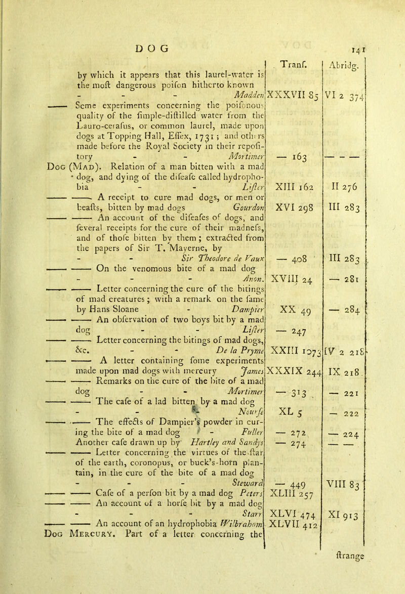 DOG the moft dangerous poifcn hitherto known Seme experiments concerning the poifonou' quality of the fimple-diftilled water from Lauro-cerafus, or common laurel, made 1 dogs at Topping Hall, EfTex, 1731 ; and ot tory Doc (Mad). Relation of a man bitten with a Liftn bia A receipt to cure mad dogs, beafts, bitten by mad dogs Gou An account of the difeafes of dogs, feveral receipts for the cure of theii madnefs and of thole bitten bv them ; extracted fr< the papers of Sir T. Mayerne, by Sir Theodore de Vc On the venomous bite of a mad dot of mad creatures by Hans Sloane with a remark dog Sec. A letter ^ fome e made upon mad dogs with mercury doc The cafe of a lad bitten by-a mad dog ing the bite of a mad dog - Fulle Another cafe drawn up by Hartley and Sandy Letter concerning the virtues of the-fta of the earth, coronopus, tain, in the cure of the bite or buck’s-hofn plan- of a mad doo; O An account of a horfe bit by a Dog Mercury. Fart of a letter Star, the Tranf. s AbriJg. ;r XXXVII 85 s e n s VI2 374 1 — 163 d — r XIII 162 r II 276 n XVI 298 d n III 283 1 0 00 III 283 . XVIII 24 s e — 281 r XX 49 d — 284 r — 247 \ XXIII 1073 s IV 2 218 J XXXIX 244 [] IX 218 r — 313 — 221 s XL 5 — 222 r — 272 224 s — 274 r i — 449 t XLIII 257 VIII 83 XLVI 474 XLVII4i2 XI 913 ftrange