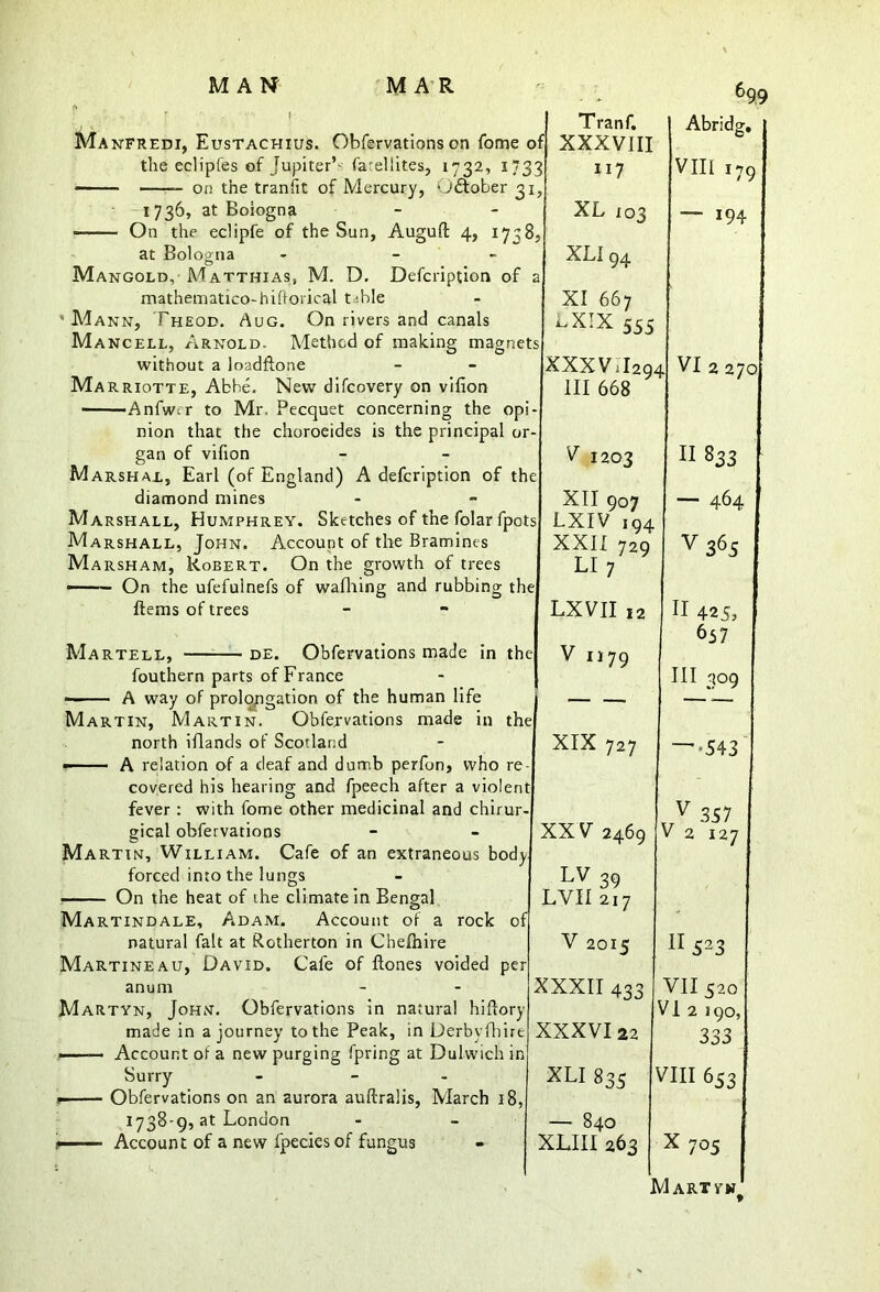 Manfredi, Eustachius. 699 on the tranfit of Mercury, 1736, at Boiogna On the eclipfe of the Bun, Augult 4, 1738 at Bologna - - Mangold, Matthias, M. D, Defcription of ; mathematico-hiftoi'ical t^.ble Mann, Theod. Aug. On rivers and canals Mancell, Arnold. Method of making magnet without a loadflone Marriotte, Abhe. New difcovery on vifion ■ Anfwcr to Mr. Pecquet concerning the opb nion that the choroeides is the principal or- gan of vifion Marshal, Earl (of England) A defcription of the diamond mines Marshall, Humphrey. Sketches of the folar fpot; Marshall, John. Account of the Bramines M arsham, Robert. On the growth of trees ftems of trees Martell, de. Obfervations made in the fouthern parts of France — — A way of prolongation of the human life Martin, Martin. Obfervations made in the north iflands of Scotland - A relation of a deaf and dumb perfon, who re covered his hearing and fpeech after a violent fever : with feme other medicinal and chirur- gical obfervations Martin, William. Cafe of an extraneous body forced into the lungs On the heat of the climate in Bengal O of Martindale, Adam. Account of a rock natural fait at Rotherton in Chelhire Martineau, David. Cafe of ftones voided per anum Martyn, John. Obfervations in natural hiftory made in a journey to the Peak, in Derbyfhire Account of a new purging fpring at Dulwich in Surry - * Obfervations on an aurora auftralis, March 18, 1738-9, at London r Account of a new fpecies of fungus Tranf. 1 Abridg, f XXXVIII 3 117 VIII 179 XL 103 — 194 XLI 94 a XI 667 -Xix 555 s XXXVrlgQ^ L VI 2 27O III 668 V 1203 II 833 XII 907 — 464 LXIV 194 XXII 729 v 365 LI 7 LXVII 12 U 425, 657 V 1179 III 309 — — XIX 727 ’*543 XXV 2469 / 357 V 2 127 LV 39 LVII 217 V 2015 n 523 XXXII 433 VII 520 /I 2 190, XXXVI 22 333 XLI 835 ' /III 653 — 840 XLIII 263 X705 h d ART VwJ