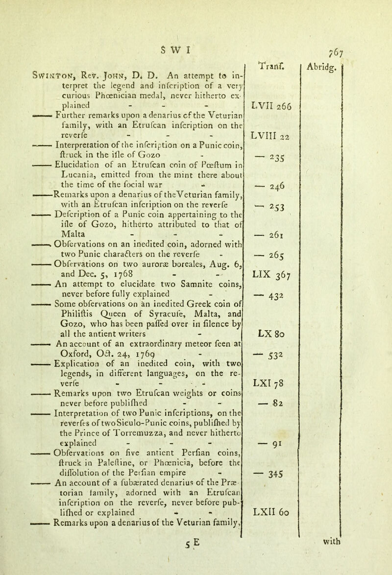 Swinton, Rev. John, D. D. An attempt to In- terpret the legend and infcription of a very curious Phoenician medal, never hitherto ex- plained - «—— Further remarks upon a denarius cf the Veturian family, with an Etrufcan infcription on the reverie - Interpretation of the infcription on a Punic coin, ftruck in the ifle of Gozo Elucidation of an Etrufcan coin of Pceftum in Lucania, emitted from the mint there about the time of the facial war — Remarks upon a denarius of theVeturian family, with an Etrufcan infcription on the reverfe — Defcription of a Punic coin appertaining to the ifle of Gozo, hitherto attributed to that of Malta - —-—. Obfervations on an inedited coin, adorned with two Punic characters on the reverfe —— Obfervations on two aurorae boreales, Aug. 6, and Dec. 5, 1768 —— An attempt to elucidate two Samnite coins, never before fully explained ■ Some obfervations on an inedited Greek coin of Phililtis Queen of Syracule, Malta, and Gozo, who has been palled over in filence by all the antient writers —— An account of an extraordinary meteor feen at Oxford, OCt. 24, 1769 — ■■■■■ Explication of an inedited coin, with two legends, in different languages, on the re- verfe - - . - Remarks upon two Etrufcan weights or coins never before publifhed —— Interpretation of two Punic inferiptions, on the reveries of twoSiculo-Punic coins, publifhed by the Prince of Torremuzza, and never hitherto explained - - Obfervations on five antient Perlian coins, ftruck in Paleftine, or Phoenicia, before the diffolution of the Perffan empire * An account of a fubaerated denarius of the Prae torian family, adorned with an Etrufcan infcription on the reverfe, never before pub- lifhed or explained - Remarks upon a denarius of the Veturian family, Trartf. LVII 266 LVIII 22 — 235 — 246 — 253 —- 261 — 265 LIX 367 — 432 LX 80 — 532 LXI 78 — 82 — 91 — 345 LXII 60 SE 767 Abridg. O with