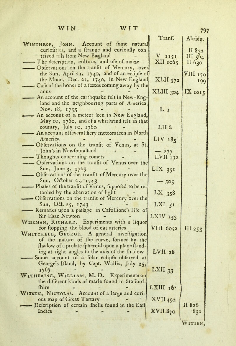 Winthrop, John. Account of fome natural curiofifes, and a ftrange and curioufly con trived fifh from New England The deicription, culture, and ufe of maize . ■ ■■■. Gbfervat;ons on the traniit of Mercury, ove the Sun, April 21, 1740, and of an eclipfe of the Moon, Dec. 21, 1740, in New England Cafe of the bones of a foetus coming away by the anus —— An account of the earthquake felt in New-Eng- land and the neighbouring parts of America, Nov. 18, 1755 —r An account of a meteor feen in New England, May 10, 1760, and of a whirlwind felt in that country, July 10, 1760 .. An account offeveral fiery meteors feen in North America - —— Ohfervations on the tranfit of Venus, at St John’s in Newfoundland — Thoughts concerning comets Ohfervations on the tranfit of Venus over the Sun, June 3, 1769 — Obfervath ns of the tranfit of Mercury over the Sun, Oftober 25, 1743 Phales of the tranfit of Venus, fuppofed to be re- tarded by the aberration of light i ■ — Ohfervations on the tranfit of Mercury over the Sun, oa. 25, 1743 - - Remarks upon a paffage in Caftillione’s life of Sir Ifaac Newton Wiseman, Richard. Experiments with a liquor for flopping the blood of cut arteries Whitchell, George. A general inveftigation of the nature of the curve, formed by the fhadow of a prolate fpheroid upon a plane ftand ing at right angles to the axis of the fhadow ■—- Some account of a folar eclipfe obierved at George’s Illand, by Capt. Wallis, July 25, 1767 Withering, William, M. D. Experiments on the different kinds of marie found in Stafrord- fhire - Witsen, Nicholas. Account of a large and curi ous map of Great Tartary «—— Defcription of certain Ihells found in the Eaft Indies - Tranf. V 1151 XII 1065 XLII372 XLIII 304 LII 6 LIV 185 — 277 LV11 132 LIX 351 — 5°5 LX 358 LX I 51 LXIV 153 VIII 6052 LVII 28 LXII 33 LXIII 16- XVII492 XVII870 797 Abridg. II 822 III 564 II 630 VIII 170 J99 IX 1015 nr 253 11826 83! Witsen