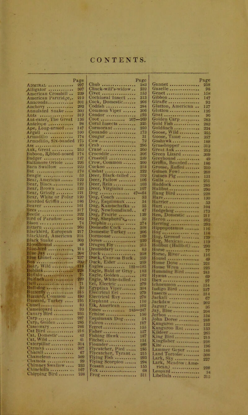 CONTENTS Page Admiral 297 .Alligator 307 American Crossbill .. 239 American Partridge,. 210 Anaconda 301 Anchovy 292 Annulated Snake.... 303 Ants 319 Ant-eater, The Great 136 Antelope 98 Ape, Long-armed .... 147 Argali 100 . Armadillo 174 Armadillo, Six-banded 173 As s 80 Auk, Great 253 Baboon, Ribbed-nosed 174 Badger 127 Baltimore Oriole .... 226 Barn Swallow 223 Bat 178 Beagle ...., 53 Bear, American ...... 122 Bear, Black.. 122 Bear, Brown 123 Bear, Grizzly 121 Bear, White*or Polar 120 Bearded Griffin ...... 186 Beaver 161 Bees 317 Beetle 322 Bird of Paradise 242 Bison 74 Bittern 266 Blackbird, European 217 Blackbird, American 218 Black Snake 303 Bloodhound 49 Blue-bird 214 Blue Jay 204 Blue Linnet.^ ,. 237 Boa 3oo Boar, Wild 118 Boblink 228 Buffalo 75 Bulfinch 229 Bull 71 Bull-dog.... 50 Butterfly 315 Buzzard, Common ... UK) Buzzard, Turkey .... 195 Camel 83 Camelopard 93 Canary Bird 235 Carp 287 Carp, Golden 285 Cassowary 246 Cat Bird. 216 Cat, Domestic 42 Cat, Wild 41 Caterpillar 314 Cayman 307 Chacnll 67 Chameleon 309 Chamois 99 Chimney Swallow .... 233 Chinchilla 167 Chipping Bird 238 Page Chub 2 63 Chuck-wiiPs-widow.. 232 Civet 153 Cochineal Insect .... 313 Cock, Domestic 208 Codlish 284 Common Viper 306 Condor 193 Coot 267—269 Coral Insects 325 Cormorant 250 Couando 173 Cougar 31 Cow 72 Crab 296 Crane 260 Crocodile 306 Crossbill 239 Crow, Common 200 Cuckoo 218 Cus bat 222 Deer, Black-tailed ... 102 Deer, Fallow ; 106 Deer, Rein 103 Deer, Virginian 107 Dog 47—64 Dog, Coach 53 Dog, Esquimaux 54 Dog, Kamtschatka .. 55 Dog, Newfoundland.. 47 Dog, Prairie 129 Dog, Shepherd’s^.... 50 Dolphin 274 Domestic Cock 208 Domestic Turkey .... 206 Dormouse 169 Doves 220 Dragon Fly 315 Dromedary 83 Duck 258 Duck, Canvass Back . 259 Duck, Eider 259 Eagles 181—185 Eagle, Baid or Gray . 183 Eagle, Golden 182 Eagle, White-tailed .. 183 Eel, Electric 279 Egyptian Viper 304 Electrical Eel 279 Electrical Ray 278 Elephant 110 Elk, American 102 Emeu 245—247 Ermine 150 Esquimaux Dog 54 Falcon * 1B7 Ferret 155 Fisher 157 Fishing Hawk 187 Fitchet |51 Flounder 289 Flycatcher, Pied 233 Flycatcher, Tyrant .. 215 Flying Fish ..* 293 Flying Scorpion 294 Fossan 155 Fox 68 Frog 311 Page Gannet 258 Gazelle 96 Genet 15« Gibbon 147 Giraffe 93 Glutton, American .. 127 Glutton 126 Goat 96 Golden Carp 283 Gold Fish 283 Goldfinch 224 Goose, Wild 255 Goose, Tame 257 Goshawk 188 Grasshopper 313 Great Auk 253 Green Lizard 309 Greyhound 49 Griffin, Bearded 166 Grouse, Ruffed 210 Guiuea Fowl 208 Guinea Pig 131 Gulls 251 Haddock 285 Halibut 290 Hang Bird 228 Hare 130 Harrier 53 Hart 104 Hedgehog 173 Hen, Domestic 211 Heron 262 Herring 293 Hippopotamus no Hog 118 Hog, Ground 129 Hog, Mexican 119 Hofibut (Halibut) .... 290 Horse 77 Horse, River u<j Hound 49 House Dove 221 House Wren 225 Humming Bird 241 Hyaena 69 Ibex 97 Ichneumon 154 Indigo Bird 237 Insects 314 Jackali 67 Jackdaw 202 Jaguar...., 36 Jay, Blue 204 Jerboa 134 John Dnree 268 Kangaroo 132 Kangaroo Rat 133 Kildeer 265 King Bird 215 Kingfisher 23R Kite io<; Lammer Geyer js6 Land Tortoise 30s Lark, Sky 227 Lark, Meadow (Ame- rica nj 226 Leopa rd 34 Libellula 315