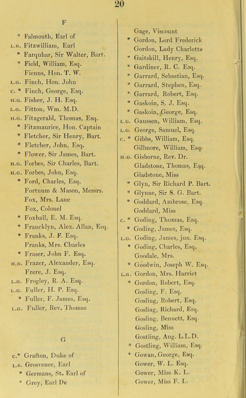 F * Falmouth, Earl of l.g. Fitzwilliam, Earl * Farquliar, Sir Walter, Bart. * Field, William, Esq. Fienns, Hon. T. W. l.g. Finch, Hon. John c. * Finch, George, Esq. h.g. Fisher, J. H. Esq. l.g. Fitton, Wm. M.D. h.g. Fitzgerald, Thomas, Esq. * Fitzmaurice, Hon. Captain * Fletcher, Sir Henry, Bart. * Fletcher, John, Esq. * Flower, Sir James, Bart. h.g. Forbes, Sir Charles, Bart. h.g. Forbes, John, Esq. * Ford, Charles, Esq. Fortnum & Mason, Messrs. Fox, Mrs. Lane Fox, Colonel * Foxhall, E. M. Esq. * Francklyn, Alex. Allan, Esq. * Franks, J. F. Esq. Franks, Mrs. Charles * Fraser, John F. Esq. h.g. Frazer, Alexander, Esq. Frerc, J. Esq. l.g. Frogley, R. A. Esq. l.g. Fuller, IT. P. Esq. * Fuller, F. James, Esq. l.g. Fuller, Rev. Thomas G c.* Grafton, Duke of l.g. Grosvenor, Earl * Germans, St. Earl of * Grey, Earl l)e Gage, Viscount * Gordon, Lord Frederick Gordon, Lady Charlotte * Gaitskill, Henry, Esq. * Gardiner, R. C. Esq. * Garrard, Sebastian, Esq. * Garrard, Stephen, Esq. * Garrard, Robert, Esq. * Gaskoin, S. J. Esq. * Gaskoin, George, Esq. l.g. Gaussen, William, Esq. l.g. George, Samuel, Esq. c. * Gibbs, William, Esq. Gillmore, William, Esq. h.g. Gisborne, Rev. Dr. Gladstone, Thomas, E§q. Gladstone, Miss * Glyu, Sir Richard P. Bart. * Glynne, Sir S. G. Bart. * Goddard, Ambrose, Esq. Goddard, Miss c. * Goding, Thomas, Esq. * Goding, James, Esq. l.g. Goding, James, jun. Esq. * Goding, Charles, Esq. Goodale, Mrs. * Goodwin, Joseph W. Esq. l.g. Gordon, Mrs. Harriet * Gordon, Robert, Esq. Gosling', F. Esq. Gosling, Robert, Esq. Gosling, Richard, Esq. Gosling, Bennett, Esq. Gosling, Miss Gostling, Aug. L.L.D. * Gostling, William, Esq. * Gowan, George, Esq. Gower, W. L. Esq. Gower, Miss K. L. Gower, Miss F. L.