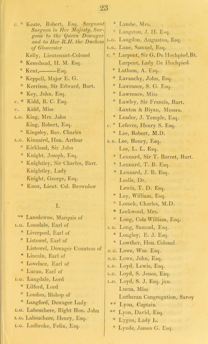 c. * Keate, Robert, Esq. Sergeant Surgeon to Her Majesty, Sur- geon to the Queen Dowager and to Her R.H. the Duchess of Gloucester Kelly, Lieutenant-Colonel * Kemshead, H. M. Esq. * Kent, Esq. * Keppell, Major E. G. * Kerrison, Sir Edward, Bart. * Key, John, Esq. c. * Kidd, R. C. Esq. c. Kidd, Miss l.g. King, Mrs. John King, Robert, Esq. * Kingsley, Rev. Charles l.g. Kinnaird, Hon. Arthur * Kirkland, Sir John * Knight, Joseph, Esq. * Knightley, Sir Charles, Bart. Knightley, Lady Knight, George, Esq. * Knox, Lieut. Col. Brownlow L ** Lansdowne, Marquis of l.g. Lonsdale, Earl of * Liverpool, Earl of * Listowel, Earl of I-istowel, Dowager Countess of * Lincoln, Earl of * Lovelace, Earl of * Lucan, Earl of l.g. Langdale, Lord * Lilford, Lord * London, Bishop of * Langford, Dowager Lady l.g. Labouchere, Right Hon. John l.g. Labouchere, Henry, Esq. l.g. Ladbroke, Felix, Esq. * Lainbe, Mrs. * Langston, J. H. Esq. l.g. Langdon, Augustus, Esq. l.g. Lane, Samuel, Esq. c. * Larpent, Sir G. De IIochpied,Bt. Larpent, Lady De Hochpied * Latham, A. Esq. * Lavanchy, John, Esq. * Lawrance, S. G. Esq. * Lawrence, Miss * Lawlev, Sir Francis, Bart. Laxton & Biyan, Messrs. * Leader, J. Temple, Esq. c. * Lefevre, Henry S. Esq. * Lee, Robert, M.D. l.g. Lee, Henry, Esq. Lee, L. L. Esq. * Lennard, Sir T. Barret, Bart. * Lennard, T. B. Esq. * Lennard, J. B. Esq. Leslie, Dr. Lewis, T. D. Esq. ' Lev, William, Esq. * Locock, Charles, M.D. * Lockwood, Mrs. * Long, Cole William, Esq. l.g. Long, Samuel, Esq. * Longley, E. J. Esq. * Lowther, Hon. Colonel h.g. Lowe, Wm. Esq. n.G. Lowe, John, Esq. l.g. Loyd, Lewis, Esq. l.g. Loyd, S. Jones, Esq. l.g. Loyd, S. J. Esq. jun. Lucas, Miss Lutheran Congregation, Savoy ** Lyon, Captain ** Lyon, David, Esq. * Lygon, Lady L. * Lynde, James G. Esq.