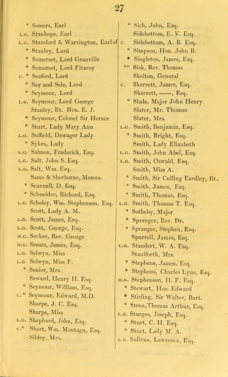 * Somers, Earl l.g. Stanhope, Earl l.g. Stamford & Warrington, Earl of * Stanley, Lord * Somerset, Lord Granville * Somerset, Lord Fitzroy c. * Seaford, Lord * Say and Sele, Lord * Seymour, Lord l.g. Seymour, Lord George Stanley, Rt. Hon. E. J. * Seymour, Colonel Sir Horace * Sturt, Lady Mary Ann l.g. Suiheld, Dowager Lady * Sykes, Lady l.g. Salmon, Frederick, Esq. l.g. Salt, John S. Esq. l.g. Salt, Wm. Esq. Sams & Sherborne, Messrs. * Scanned, D. Esq. * Schneider, Richard, Esq. l.g. Scholey, Wm. Stephenson, Esq. Scott, Lady A. M. l.g. Scott, James, Esq. l.g. Scott, George, Esq. h.g. Seeker, Rev. George h.g. Seears, James, Esq. l.g. Selwyn, Miss l.g. Selwyn, Miss F. * Senior, Mrs. Seward, Henry H. Esq. * Seymour, William, Esq. c. * Seymour, Edward, M.D. Sharpe, J. C. Esq. Sharpe, Miss l.g. Shephard, John, Esq. «•* Short, Wm. Montagu, Esq. Sibley, Mrs. * Sieh, John, Esq. Sidebottom, E. V. Esq. c. Sidebottom, A. R. Esq. * Simpson, Hon. John B. * Singleton, James, Esq. ** Sisk, Rev. Thomas Skelton, General c. Skeri’ett, James, Esq. Skerrett, , Esq. * Slade, Major John Henry Slater, Mr. Thomas Slater, Mrs. l.g. Smith, Benjamin, Esq. * Smith, Bright, Esq. Smith, Lady Elizabeth l.g. Smith, John Abel, Esq. l.g. Smith, Oswald, Esq. Smith, Miss A. * Smith, Sir Culling Eardley, Bt. * Smith, James, Esq. * Smith, Thomas, Esq. l.g. Smith, Thomas T. Esq. * Sotheby, Major * Spranger, Rev. Dr. * Spranger, Stephen, Esq. Spurred, James, Esq. l.g. Standert, W. A. Esq. Staniforth, Mrs. * Stephens, James. Esq. * Stephens, Charles Lyne, Esq. h.g. Stepheuson, H. F. Esq. * Stewart, Plon. Edward * Stirling, Sir Walter, Bart. * Stone, Thomas Arthur, Esq. l.g. Sturges, Joseph, Esq. * Sturt, C. H. Esq. * Sturt, Lady M. A. l.g. Sulivan, Lawrence, Esq.