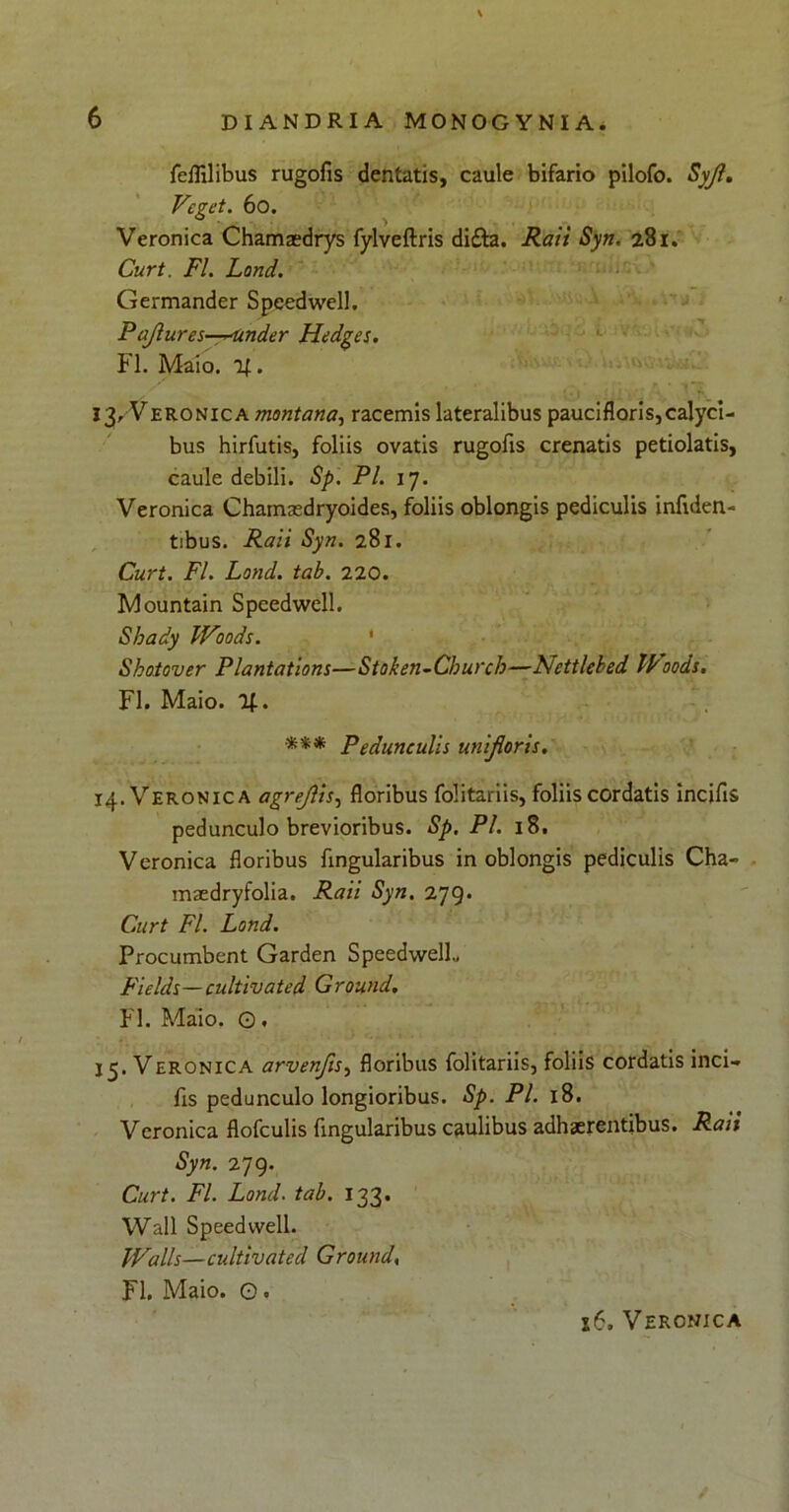 feflilibus rugofis dentatis, caule bifario pilofo. Syjl. Veget. 60. Veronica Chamaedrys fylveftris di&a. Raii Syn. 281. Curt. FI. Lond. Germander Speedwell. Pajiures—Kinder Hedges. FI. Maio. . 13. Veronica montana, racemis lateralibus paucifloris,calyci- bus hirfutis, foliis ovatis rugofis crenatis petiolatis, caule debili. Sp. Pl. 17. Veronica Chamsedryoides, foliis oblongis pediculis inflden- tibus. Raii Syn. 281. Curt. FI. Lond. tab. 220. Mountain Speedwell. Sbady IVoods. Sbotover Plantations—Stoken-Churcb—Nettlebed IVoods. FI. Maio. lf. *** Pedunculis unijloris. 14. Veronica agrejlis, floribus folitariis, foliis cordatis incifls pedunculo brevioribus. Sp. Pl. 18. Veronica floribus Angularibus in oblongis pediculis Cha- maedryfolia. Raii Syn. 279. Curt FI. Lond. Procumbent Garden SpeedwelL Fields—cultivated Ground, FI. Maio. G. 15. Veronica arvenfis, floribus folitariis, foliis cordatis inci- fis pedunculo longioribus. Sp. Pl. 18. Veronica flofculis Angularibus caulibus adhaerentibus. Raii Syn. 279. Curt. FI. Lond. tab. 133. Wall Speedwell. Walls—cultivated Ground, FI. Maio. O. 16. Veronica