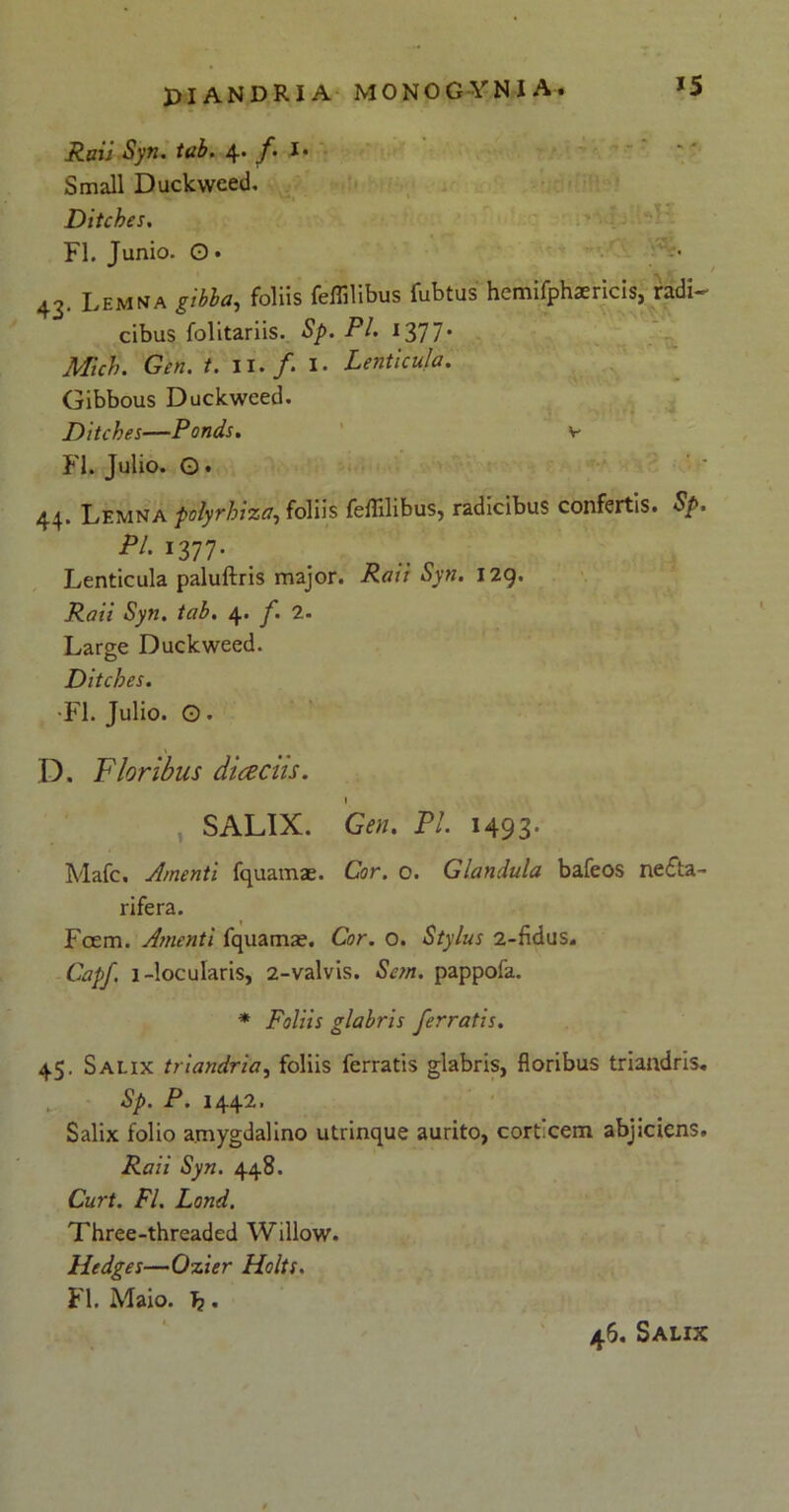J5 Raii Syn. tab. 4* /• Small Duckvveed. Ditches. FI. Junio. O • 43. Lemna gibba, foliis feffilibus fubtus hemifphxricis, radi- cibus folitariis. Sp. Pl. 1377* Mich. Gen. t. II./. I. Lenticula. Gibbous Duckweed. Ditches—Ponds. v FI. Julio. G • 44. Lemna polyrhiza, foliis feffilibus, radicibus confertis. Sp. Pl. 1377. Lenticula paluftris major. Raii Syn. 129. Raii Syn. tab. 4. /. 2. Large Duckweed. Ditches. •FI. Julio. O. D. Floribus diceciis. SALIX. Gen. Pl. 1493. Mafc. Amenti fquamae. Cor. o. Glandula bafeos ne£ta- rifera. Fcem. Ajnenti fquamae. Cor. o. Stylus 2-fidus. Capf. l-locularis, 2-valvis. Scm. pappofa. * Foliis glabris ferratis. 45. Salix triandria, foliis ferratis glabris, floribus triandris. Sp. P. 1442. Salix folio amygdalino utrinque aurito, corticem abjiciens. Raii Syn. 448. Curt. FI. Lond. Three-threaded Willow. Hedges—Ozier Holts. FI. Maio. J?. 46. Salix