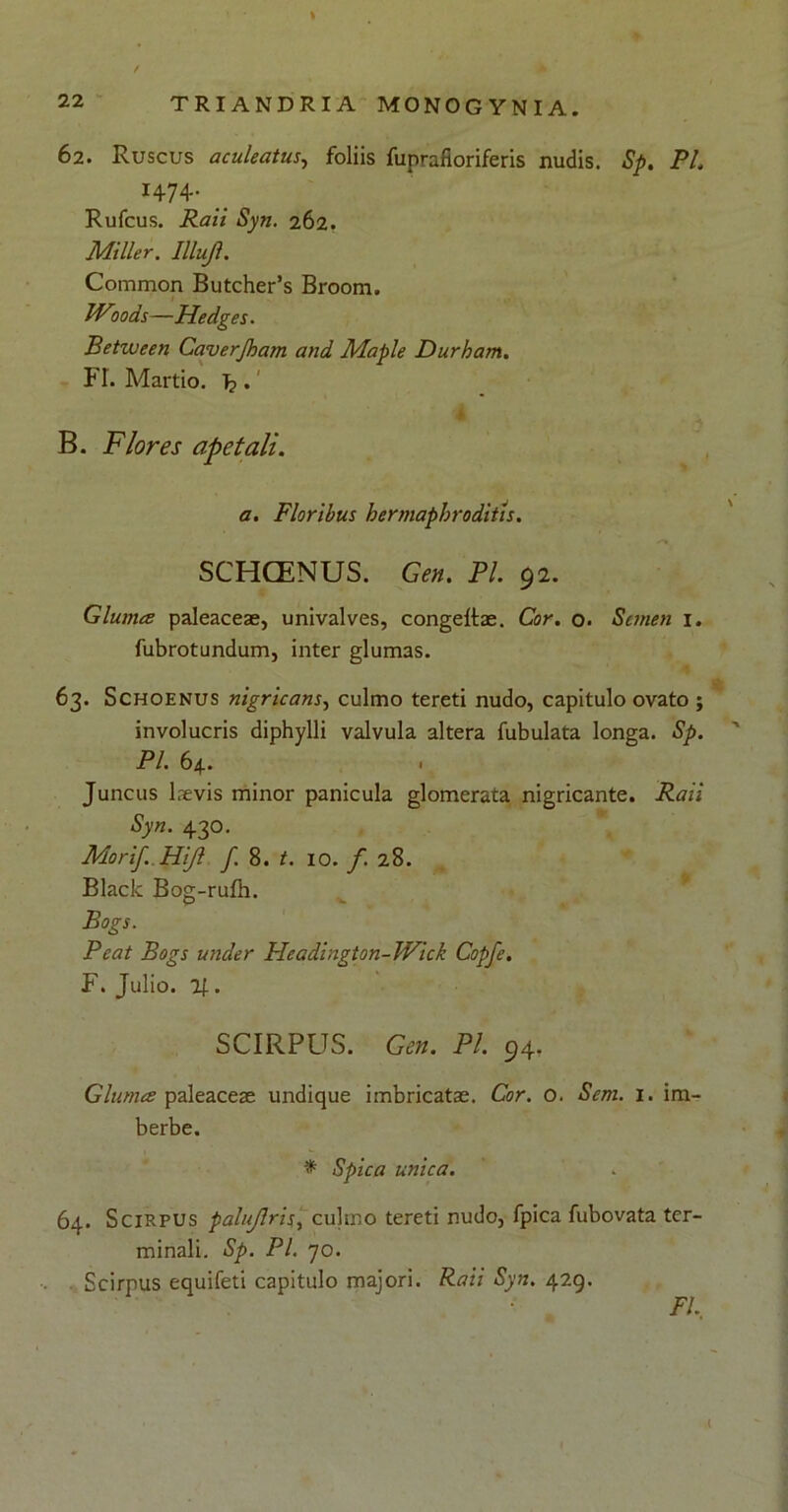 I 22 TRIANDRIA MONOGYNIA. 62. Ruscus aculeatus, foliis fuprafioriferis nudis. Sp. PL 1474. . Rufcus. Raii Syn. 262. Miller. Illujl. Comraon ButchePs Broom. JVoods—Hedges. Between Caverjham and Maple Durham. FI. Martio. ^ . B. Flores ape tali. a. Floribus hermaphroditis. SCHCENUS. Gen. Pl. 92. Gluma paleaceae, univalves, congeltae. Cor. o. Semen i. fubrotundum, inter glumas. 63. Schoenus nigricans, culmo tereti nudo, capitulo ovato ; involucris diphylli valvula altera fubulata longa. Sp. ' Pl. 64. Juncus laevis minor panicula glomerata nigricante. Raii Syn. 430. Morif. Hijl f. 8. t. IO. f 28. Black Bog-rufh. Bogs. Beat Bogs under Headington-JVick Copfe. F. Julio. If.. SCIRPUS. Gen. Pl. 94. Gluma paleaceae undique imbricatae. Cor. O. Sem. 1. im- berbe. Spica unica. 64. Scirpus palujlris, culmo tereti nudo, fpica fubovata ter- minali. Sp. PL 70. Scirpus equifeti capitulo majori. Raii Syn. 429.