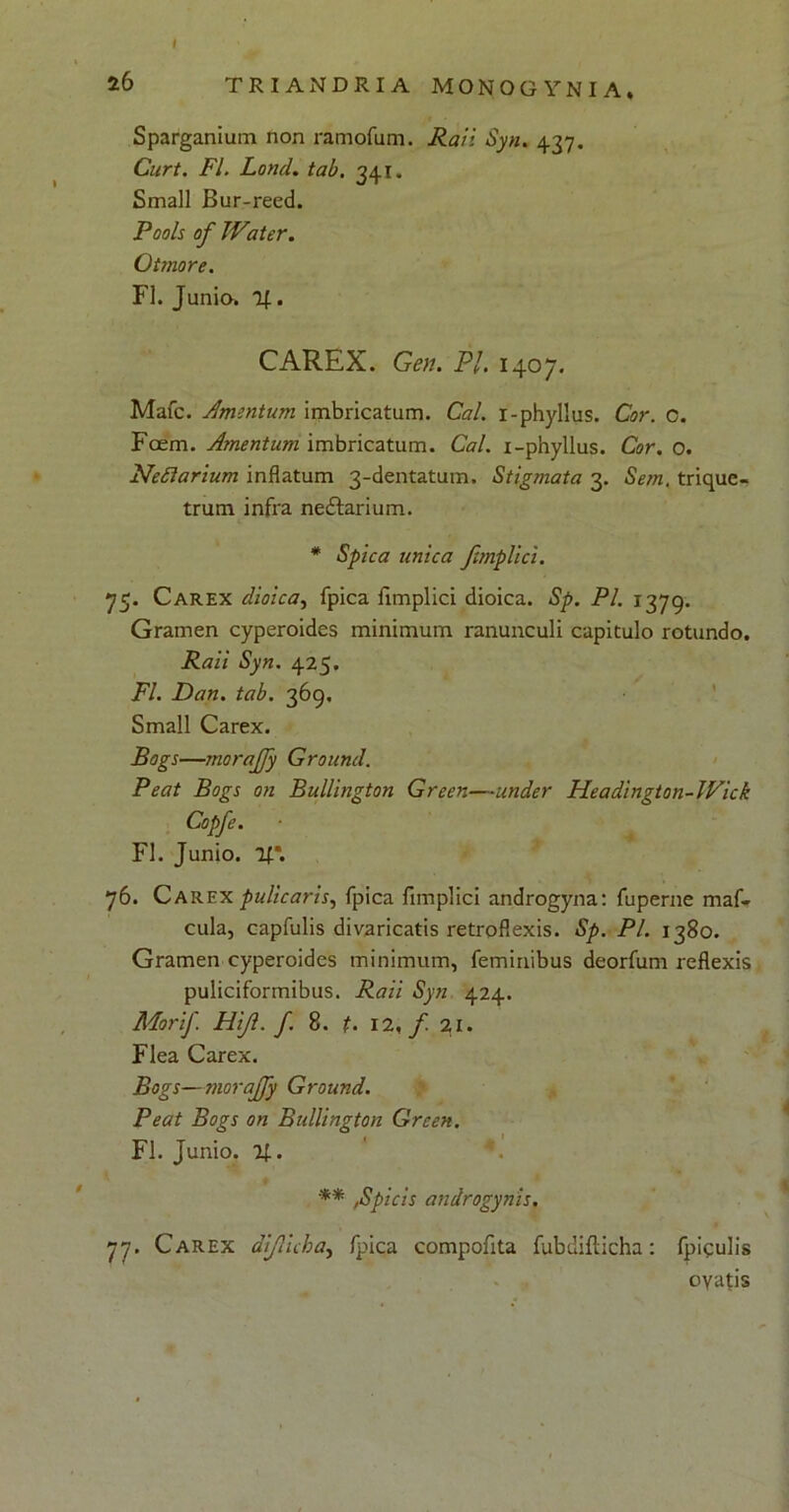 26 TRIANDRIA MONOGYNIA, Sparganium non ramofum. Raii Syn. 437. Curt. FI. Lond. tab. 341. Small Bur-reed. Pools of JVater. Otmore. FI. Junia. %. CAREX. Gen. Pl. 1407. Mafc. Amentum imbricatum. Cal. i-phyllus. Cor. C. Foem. Amentum imbricatum. Cal. i-phyllus. Cor. 0. Neftarium inflatum 3-dentatum, Stigmata 3. Sem. trique- trum infra neftarium. * Spica unica fimplici. 75. Carex dioica, fpica fimplici dioica. Sp. Pl. 1379. Gramen cyperoides minimum ranunculi capitulo rotundo. Raii Syn. 425. FI. Dan. tab. 369. Small Carex. Bags—morajjy Ground. Peat Bogs on Bullington Green—under Headington-Wick Copfe. FI. Junio. lf\ 76. Carex pulicaris, fpica fimplici androgyna: fuperne maf- cula, capfulis divaricatis retroflexis. Sp. Pl. 1380. Gramen cyperoides minimum, feminibus deorfum reflexis puliciformibus. Raii Syn 424. Morif FUJI. f. 8. jf. 12,/ 21. Flea Carex. Bogs—morajjy Ground. Peat Bogs on Bullington Green. FI. Junio, %. ** ,Spicis androgynis. 77. Carex dijlicha, fpica compofita fubdifticha: fpigulis oyatis
