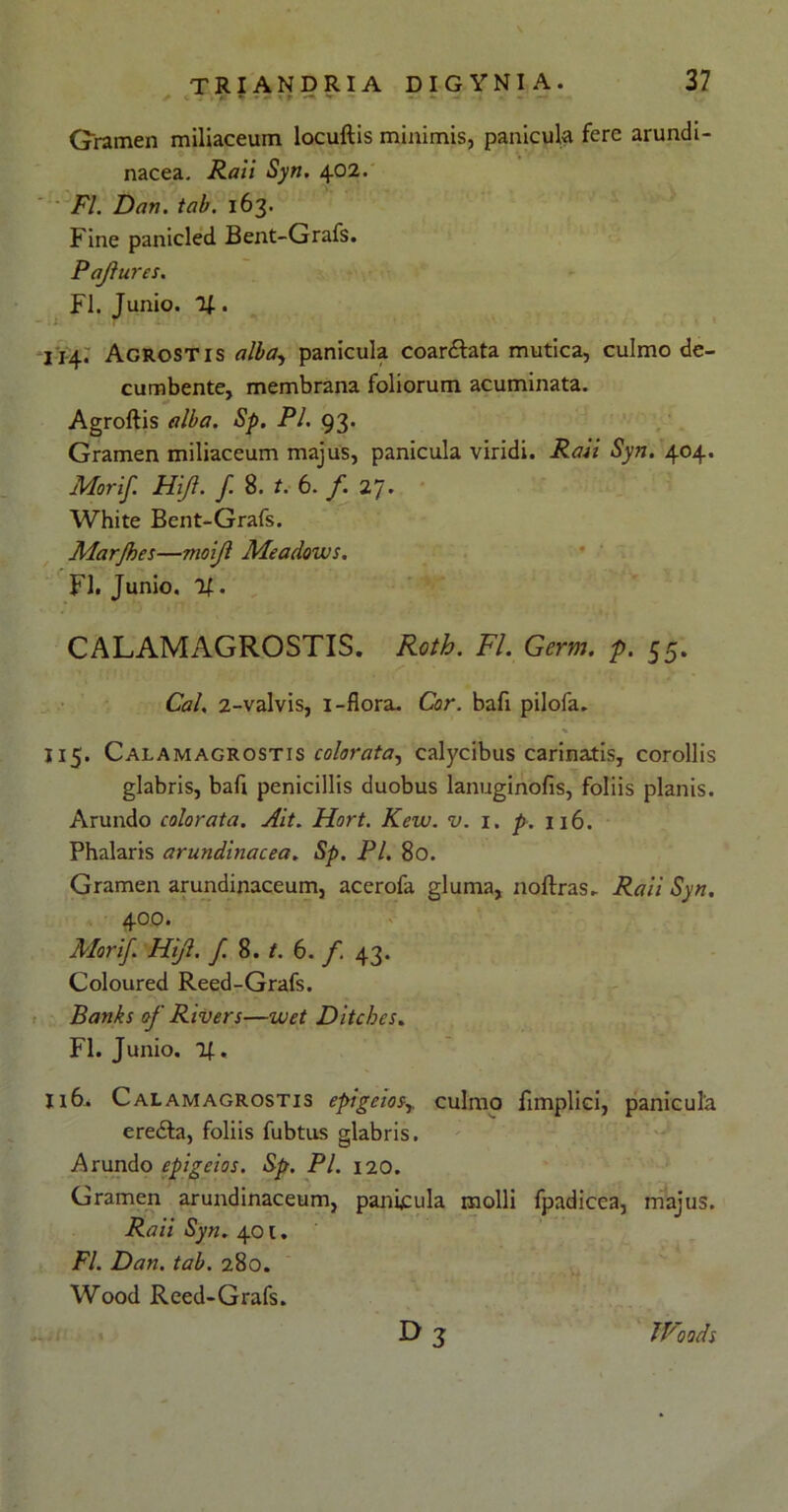 Gramen miliaceum locuftis minimis, panicula fere arundi- nacea. Raii Syn. 402. FI. Dan. tab. 163. Fine panicled Bent-Grafs. Pajlures. FI. Junio. . r 114. Agrostis alba, panicula coar&ata mutica, culmo de- cumbente, membrana foliorum acuminata. Agroftis alba. Sp. Pl. 93. Gramen miliaceum majus, panicula viridi. Raii Syn. 404. Morif. Hifl. f 8. t, 6. /. 27. White Bent-Grafs. Marfhes—moijl Meadows. FI. Junio, lf. CALAMAGROSTIS. Roth. FI. Germ. p. 55. Cal. 2-valvis, 1-flora. Cor. bafi pilofa. 115. Calamagrostis colorata, calycibus carinatis, corollis glabris, bafi penicillis duobus lanuginofis, foliis planis. Arundo colorata. Alt. Hort. Kevo. v. 1. p. 116. Phalaris arundinacea. Sp. Pl. 80. Gramen arundinaceum, acerofa gluma, noftras. Raii Syn. 400. Morif. Hi/l. f. 8. t. 6. f 43. Coloured Reed-Grafs. Banks of Rivers—wet Ditches. FI. Junio. %. 116. Calamagrostis epigeio$y culmo fimplici, panicula ere£la, foliis fubtus glabris. Arundo epigeios. Sp. Pl. 120. Gramen arundinaceum, panicula molli fpadicea, majus. Raii Syn. 401. FI. Dan. tab. 280. Wood Reed-Grafs. ..a »3 JVoods