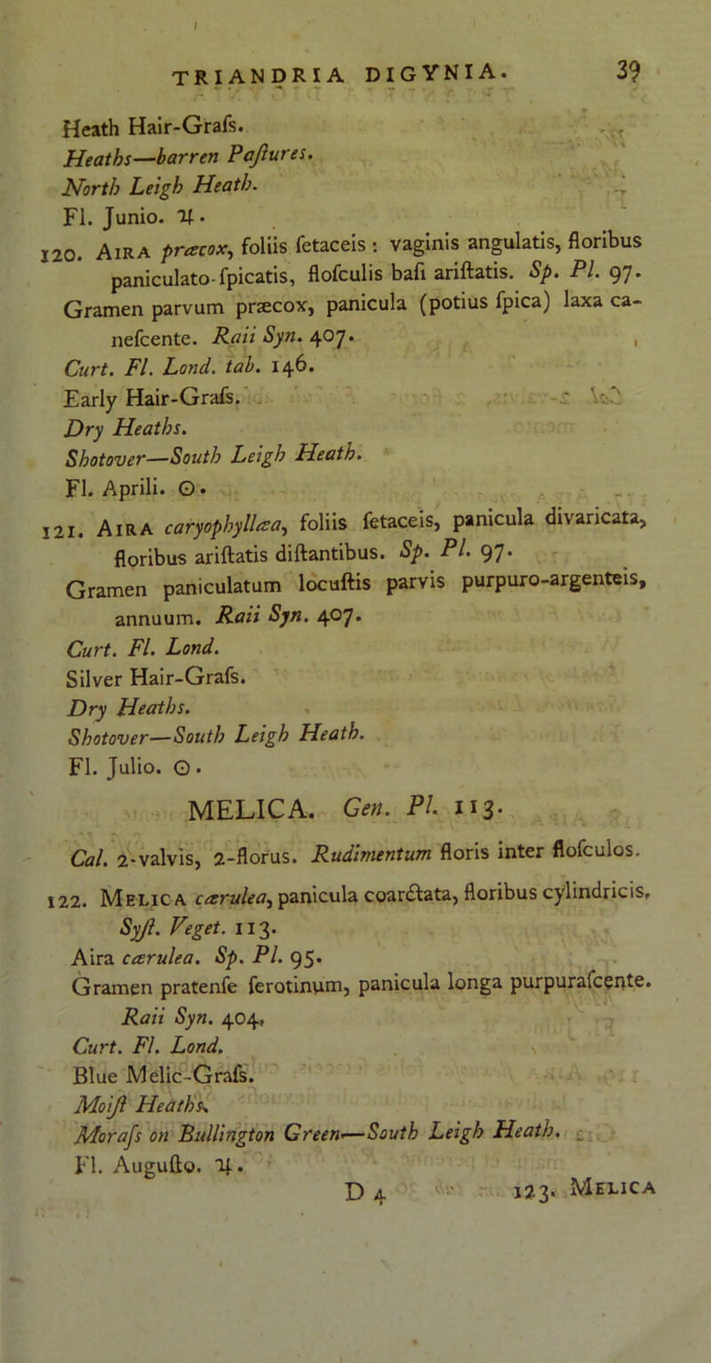 “*  r Heath Hair-Grafs. Heaths—barren Pajlures. North Leigh Heath. FI. Junio, 21. 120. Aira pracox, foliis fetaceis : vaginis angulatis, floribus paniculato-fpicatis, flofculis bafi ariftatis. Sp. Pl. 97. Gramen parvum pnecox, panicula (potius fpica) laxa ca- nefcente. Raii Syn. 407. , Curt. FI. Lond. tab. 146. Early Hair-Grafs. Dry Heaths. Shotover—South Leigh Heath. FI. Aprili. O. I2j, Aira caryophylleza, foliis fetaceis, panicula divaricata, floribus ariftatis diftantibus. Sp. Pl. 97. Gramen paniculatum locuftis parvis purpuro-argenteis, annuum. Raii Syn. 407. Curt. FI. Lond. Silver Hair-Grafs. Dry Heaths. Shotover—South Leigh Heath. FI. Julio. G • MELICA. Gen. Pl. 113* Cal. 2-valvis, 2-florus. Rudimentum floris inter flofculos. 122. Melica carulea, panicula coanftata, floribus cylindricis. Syfi. Veget. 113. Aira carulea. Sp. Pl. 95. Gramen pratenfe ferotinum, panicula longa purpurafcente. Raii Syn. 404, Curt. FI. Lond. Blue Melic-Grafs. Moijl Heaths\ Morafs on Bullington Creem—South Leigh Heath. FI. Augufto. 11. D 4 123. Melica