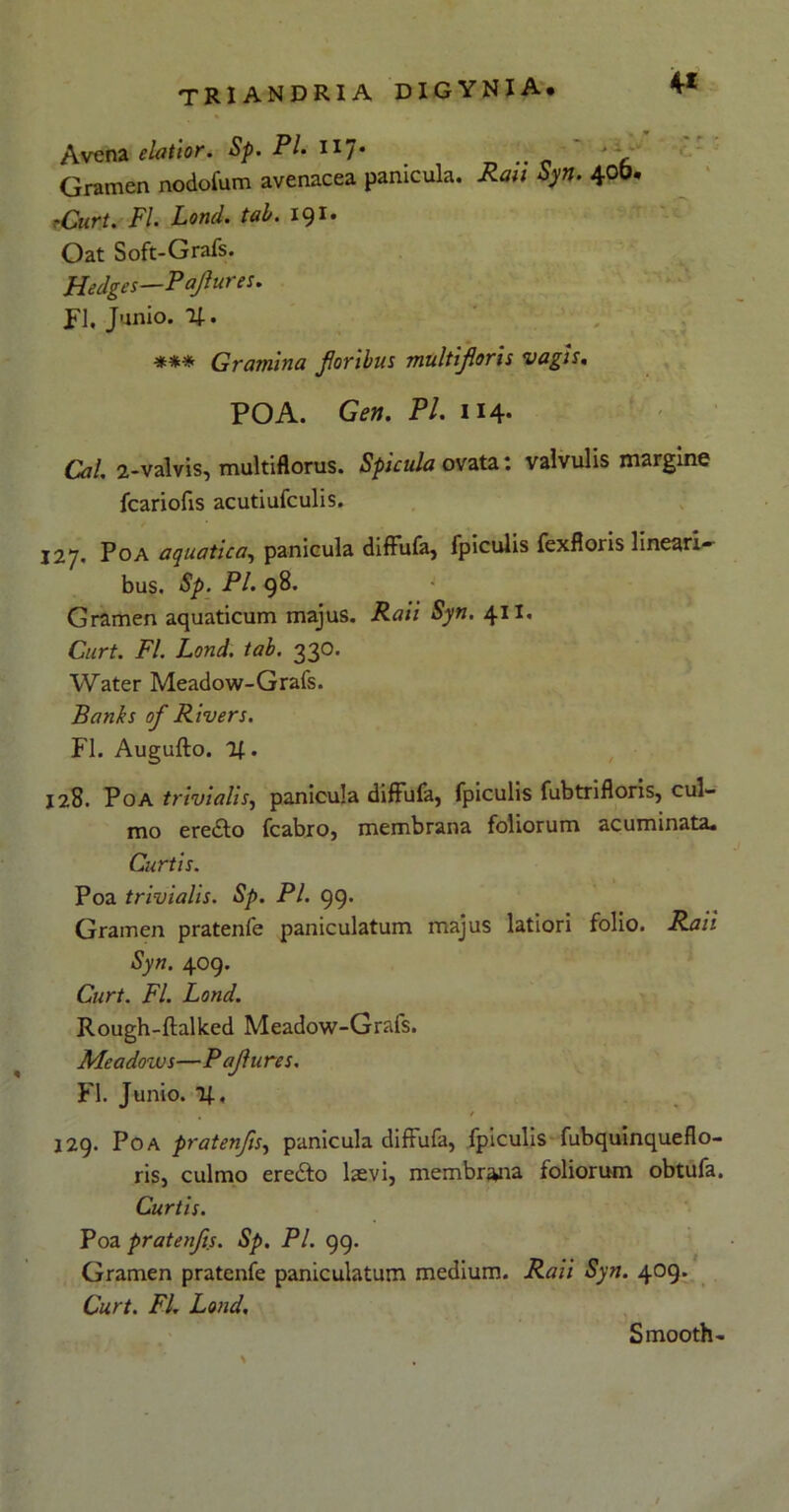4* Avena elatior. Sp. PL 117* ' • Gramen nodofum avenacea panicula. Raii Syn. 4°&« 'Curt. FI. Lond. tab. 191, Oat Soft-Grafs. Hedges—P ajlur es. FI. Junio. U. *** Gramina foribus multiforis vagis. POA. Gen. Pl. 114- Cal. 2-valvis, multiflorus. Spicula ovata: valvulis margine fcariofis acutiufculis. 127. Poa aquatica, panicula diffufa, fpiculis fexfloris lineari- bus. Sp. Pl. 98. Gramen aquaticum majus. Raii Syn. 411. Curt. FI. Lond. tab. 330. Water Meadow-Grafs. Banks of Rivers. FI. Augufto. %. 128. Poa trivialis, panicula diffufa, fpiculis fubtrifloris, cul- mo eredlo fcabro, membrana foliorum acuminata. Curtis. Poa trivialis. Sp. Pl. 99. Gramen pratenfe paniculatum majus latiori folio. Raii Syn. 409. Curt. FI. Lond. Rough-ftallced Meadow-Grafs. Meadows—Pafures. FI. Junio. 129. Poa pratenfs, panicula diffufa, fpiculis fubquinqueflo- ris, culmo erefto laevi, membrana foliorum obtufa. Curtis. Poa pratenfs. Sp. Pl. 99. Gramen pratenfe paniculatum medium. Raii Syn. 409. Curt. FI. Lond. Smooth-