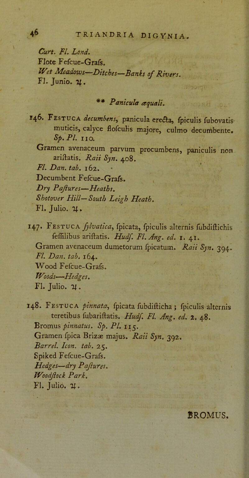 I TRIANDRIA DIGYNIA. Curt. FI. Lond. Flote Fefcue-Grafs. Wet Meadows—Ditches—Banks of Rivers. FI. Junio. 11. f' ‘50 1 ** Panicula aquali. 146. Festuca decumbens, panicula eredta, fpiculis fubovatis- muticis, calyce flofculis majore, culmo decumbente. Sp. Pl. 11 o. Gramen avenaceum parvum procumbens, paniculis non ariftatis. Raii Syn. 408. FI. Dan. tab. 162. Decumbent Fefcue-Grafs. Dry Pajlures—Heaths. Shotover Hili—South Leigh Heath. FI. Julio. 147. Festuca fylvatica, fpicata, fpiculis alternis fubdiftichis fefiilibus ariftatis. Hudf. Fl.Ang. ed. 1. 41. Gramen avenaceum dumetorum fpicatum. Raii Syn. 394. FI. Dan. tab. 164. Wood Fefcue-Grafs. TVoods—Hedges. FI. Julio. 2(. 148. Festuca pinnata, fpicata fubdifticha ; fpiculis alternis teretibus fubariftatis. Hudf. FI. Ang. ed. 2. 48. Bromus phinatus. Sp. Pl. 115. Gramen fpica Brizae majus. Raii Syn. 392. Barrel. Icon. tab. 25. Spiked Fefcue-Grafs. Hedges—dry Paftures. Woodjlock Park. FI. Julio. U. BROMUS.