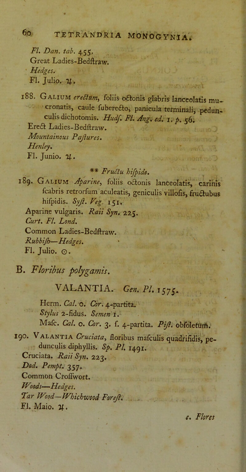 FI. Dati. tab. 455. Great Ladies-Bedftraw. ’ Hedges. FI. Julio. l£. 188. Galium erettum, foliis odtonis glabris Ianceolatis mu- cronatis, caule fuberedto, panicula terminali, pedun- culis dichotomis. Hudf. FI. Ang. ed. 1. p. 56. Ereft Ladies-Bedftraw. Mountainous Pajlures. Henley. FI. Junio. %. ** Fructu hifpido. 189. G alium Aparine, foliis octonis Ianceolatis, carinis fcabris retrorfum aculeatis, geniculis villofis, frudubus hifpidis. Syjl. Veg. 151. Aparine vulgaris. Raii Syn, 225. Curt. FI. Lond. Common Ladies-Bedftraw. Rubbijh—Hedges. FI. Julio. O. B. Floribus polygamis. VALANTIA. Gen. Pl. 1575. Herm. Cal. 0. Cor. 4-partita. Stylus 2-fidus. Semen 1. Mafc. Cal. o. Cor. 3. f. 4-partita. Pijl. obfoletum. igo. Valantia Cruciata, floribus mafculis quadrifidis, pe- dunculis diphyllis. Sp. Pl. 1491. Cruciata. Raii Syn. 223. Dod. Pempt. 357. Common Croflwort. Woods—Hedges. Tar Wwd— IVhichwood Forejl. FI. Maio.