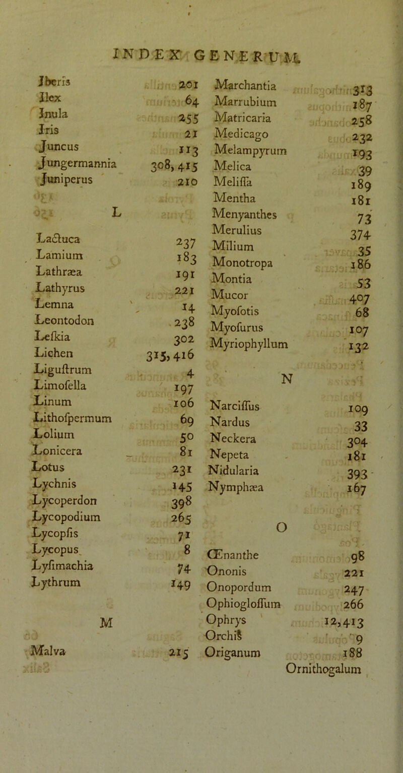 Jberis 201 Ilex 64 Inula 255 Iris 21 Juncus IJ3 Jungermannia 308,415 Juniperus 210 L La&uca 237 Lamium 183 Lathraea 191 Lathyrus 221 Lemna H Leontodon 238 Lefkia 302 Lichen 315)416 Liguftrum 4 Limofella 197 Linum 106 Lithofpermum 69 Lolium 5° Lonicera 81 Lotus 231 Lychnis H5 Lycoperdon 398 Lycopodium 265 Lycopfis 7i Lycopus 8 Lyfimachia 74 Lythrum 149 M Malva 215 i 1*3 Marchantia 313 Marrubium 187 Matricaria 238 Medicago 232 Melampyrum 193 Melica 29 Melifla 189 Mentha 181 Menyanthes 73 Merulius 374. Milium 33 Mo no tropa 186 Montia 53 Mucor 407 Myofotis 68 Myofurus 107 Myriophyllum 132 N Narciflus 109 Nardus 33 Neckera 304 Nepeta 181 Nidularia 393 Nymphaea 167 O CEnanthe 98 Ononis 221 Onopordum 247 Ophiogloflum 266 Ophrys 125413 Orchi§ '9 Origanum 188 Ornithogalum