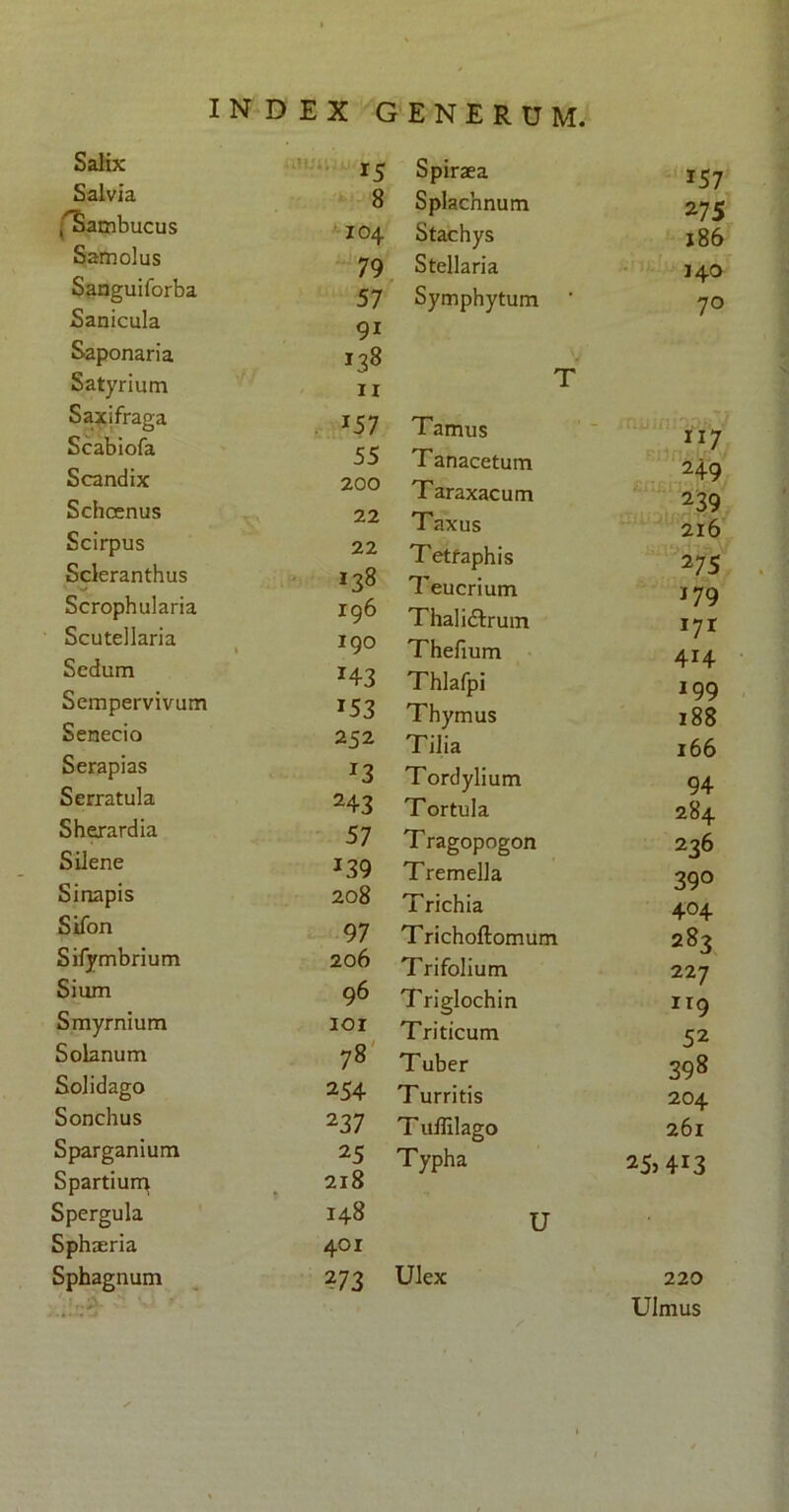 Salix 15 Salvia 8 .^Sambucus 104. Samolus T 79 Sanguiforba 57 Sanicula 91 Saponaria 138 Satyrium n Saxifraga *57 Scabiofa 55 Scandix 200 Schoenus 22 Scirpus 22 Scleranthus 138 Scrophularia 196 Scutellaria 190 Sedum *43 Sempervivum j53 Senecio 252 Serapias I3 Serratula 243 Sherardia 57 Silene J39 Sinapis 208 Sifon 97 Sifymbrium 206 Sium 96 Smyrnium ioi Solanum 78 Solidago 254 Sonchus 237 Sparganium 25 Spartiurp 218 Spergula 148 Sphaeria 401 Sphagnum 273 Spiraea 157 Splachnum 2 75 Stachys 186 Stellaria 140 Symphytum ' 70 T Tamus 117 Tanacetum 240 Taraxacum 239 Taxus 216 Tetfaphis 275 Teucrium 179 Thali<5trum J7r Thefium 414 Thlafpi 199 Thymus 188 Tilia 166 Tordylium 94 Tortula 284 Tragopogon 236 Tremella 39° Trichia 404 Trichoftomum 283 Trifolium 227 Triglochin ir9 Triticum 52 Tuber 398 Turritis 204 T uffilago 261 Typha 25> 4*3 u Ulex 220 Ulmus