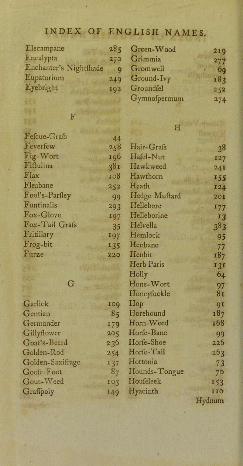 Elecampane 285 Green-Wood 219 Encalypta 270 Grimmia 277 Enchanter’s Nightfliade 9 Gromwell ' 69 Eupatorium 249 Ground-Ivy 183 Eyebright 192 Groundfel 252 Gymnofpermum 274 F H /i Fefcue-Grafs 44 Feverfew 258 Hair-Grafs 38 Fig-Wort 196 Hafel-Nut 127 Fiftulina 381 Havvkweed 241 Flax 108 Hawthorn 155 Fleabane 252 Heath 124 Fool’s-Parfley 99 Hedge Muftard 201 Fontinalis 293 Kellebore 177 Fox-Glove 197 Helleborine 13 Fox-Tail Grafs 35 Helvella 383 Fritillary 197 Hemlock 95 Frog-bit i35 Henbane 77 Furze 220 Henbit 187 Herb Paris *3* Holly 64 G Hone-Wort 97 Honeyfuckle 8! Garlick 109 Hop 9i Gentian 85 Horehound 187 Germander !/9 Horn-Weed 168 Gillyflower 205 Horfe-Bane 99 Goat’s-Beard 236 Horfe-Shoe 226 Golden-Rod 254 Horfe-Tail 263 Golden-Saxifrage i37 Hottonia 73 Goofe-Foot 87 Hounds-Tongue 70 Gout-Weed 103 Houfeleek T53 Graffpoly 149 Hyacinth iro Hydnum