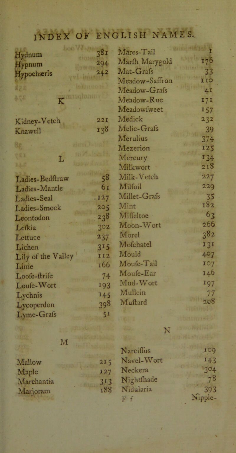 Hydnum 38i Hypnum 294 Hypochaeris 242 ( ' K Kidney-Vctch 221 Knawell i38 L Ladies-Bedftraw 58 Ladies-Mantle 61 Ladies-Seal 127 Ladies-Smock 205 Leontodon 238 Lcfkia 302 Lettuce 237 Lichen 3*5 Lily of the Valley 112 Lime . 166 Loofe-ftrifc 74 Loufe-Wort i93 Lychnis H5 Lycoperdon 398 Lyme-Grafs 5i M Mallow 215 Maple 127 Marchantia 313 Marjoram 188 Mares-Tail I Marlh Marygold 176 Mat-Grafs 33 Meadow-Saffron IIO Meadow-Grafs 41 Meadow-Rue I7I Meadowfweet i57 Medick 232 Melic-Grafs 39 Merulius 374 Mezerion 125 Mercury 134 Milkwort 218 Milk-Vetch 227 Milfoil 229 Millet-Grafs 35 Mint 182 Miffeltoe 63 Moon-Wort 166 Morel 382 Mofchatel I3I Mould 407 Moufe-Tail 107 Moufe-Ear 146 Mud-W ort 197 Mullei n 77 Muftard 208 N Narcifius .109 Navel-Wort H3 Neckera '3°4 Nightfhade 78 * - ■ Nidularia 393 F f Nipple-