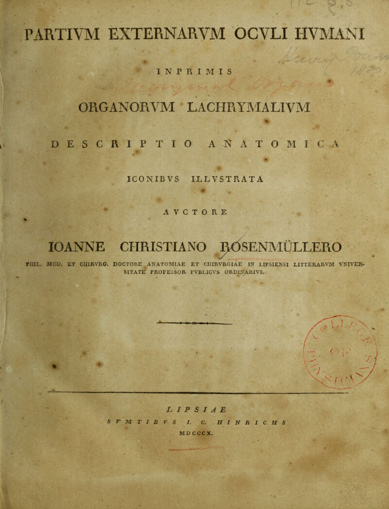 PARTIVM EXTERNARYM OCYLI HVMANI ' ' * \ ^ ) t • ' i ♦ * f' w- INPB.lilS ORGANORVM LACHRYMA LIVM ♦ DESCRIPTIO ANATOMICA . f ir ■, 4^ mtk Y W*' ICONrBVS ILLVSTRATA A r — A V C T O R E % IOANNE CHRISTIANO ROSENMULLERO riUL. MED. ET CII1RVRG. DOCTORE ANATOMIAE ET CHIRVRGIAE IN LIPSIENSl LITTERARVM VNIVER- SITATE PROFESSOR PVBLICYS ORDINARIVS. % L I P S I A E STMTIBVS 1. C. HINRICHS