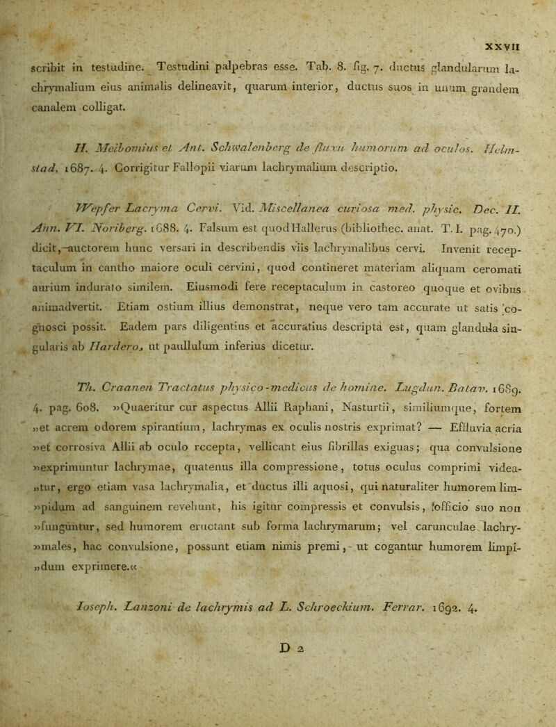 scribit in testudine. Testudini palpebras esse. Tab. 8. fig, 7. ductus glandularum la- chrymalium eius animalis delineavit, quarum interior, ductus suos in unum grandem canalem colligat. II. Mcibomius et Ant. Schwalenberg de fluxu humorum ad oculos. Ildni- stad. 1687-4. Corrigitur Fallopii viarum lachrymaliiim descriptio. Wepfer Lacryma Cervi. Vid. Miscellanea curiosa med. phy sic. Dec. II. Arni. VI. Noriberg. 1G88. 4- Falsum est quodHallerus (bibliothec. anat. T, I. pag. 470.) dicit,-auctorem hunc versari in describendis viis lachrymalibus cervi. Invenit recep- taculum in cantho maiore oculi cervini, quod contineret materiam aliquam ceromati aurium indurato similem. Eiusmodi fere receptaculum in castoreo quoque et ovibus animadvertit. Etiam ostium illius demonstrat, neque vero tam accurate ut satis 'co- gnosci possit. Eadem pars diligentius et accuratius descripta est, quam glandula sin- gularis ab HarderOj ut paullulum inferius dicetur. Th. Craanen Tractatus physico-medicus de homine. Lugdun. Batav. 1689. 4. pag. 608. «Quaeritur cur aspectus Allii Raphani, Nasturtii, similiumque, fortem jiet acrem odorem spirantium, lachrymas ex oculis nostris exprimat? — Efduvia acria «et corrosiva Allii ab oculo recepta, vellicant eius fibrillas exiguas; qua convulsione «exprimuntur lachrymae, quatenus illa compressione, totus oculus comprimi videa- ntur, ergo etiam vasa lachrymalia, et ductus illi aquosi, qui naturaliter humorem lim- «pidum ad sanguinem revehunt, his igitur compressis et convulsis, Jofhcio suo non «funguntur, sed humorem eructant sub forma lachrymarum; vel carunculae lachry- «males, hac convulsione, possunt etiam nimis premi,-ut cogantur humorem limpi- jjdum exprimere.« Iosepli. Lanzoni dc lachrymis ad L. Schroeckium. Ferrar. 1692. 4*