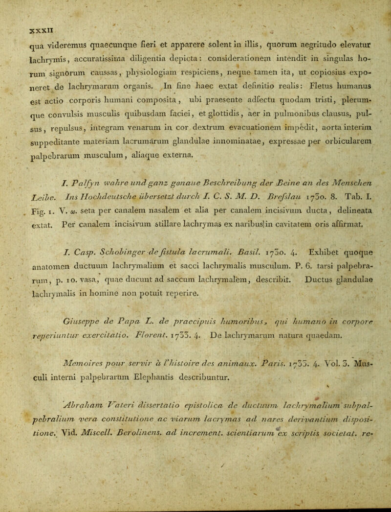 qua videremus quaecunque fieri et apparere solent in illis, quorum aegritudo elevatur lachrymis, accuratissima diligentia depicta: considerationem intendit in singulas ho- rum signorum caussas, physiologiam respiciens, neque tamen ita, ut copiosius expo- neret de lachrymarum organis. In fine haec extat definitio realis: Fletus humanus est actio corporis humani composita, ubi praesente adfectu quodam tristi, plerum- que convulsis musculis quibusdam faciei, et glottidis, aer in pulmonibus clausus, pul- sus, repulsus, integram venarum in cor dextrum evacuationem impedit, aorta interim suppeditante materiam lacrumarum glandulae innominatae, expressae per orbicularem palpebrarum musculum, aliaque externa. I. Palfyn wahre undganz gen au e Beschreibung der Beine an des Menschen Leibe. Ins Ilochdeutsche iibersetzt durch I. C. S. M. D. BrefsJau iy3o. 8. Tab. I. Fig. x. V. w. seta per canalem nasalem et aha per canalem incisivum ducta, delineata extat. Per canalem incisivum stillare lachrymas ex naribus!in cavitatem oris affirmat. I. Casp. Schobinger defistula lacrumali. Basii. 1700. 4* Exhibet quoque anatomen ductuum lachrymalium et sacci lachrymalis musculum. P. 6. tarsi palpebra- rum, p. xo. vasa, quae ducunt ad saccum lachrymalem, describit. Ductus glandulae lachrymalis in homine non potuit reperire. Giuseppe de Papa L. de praecipuis humoribus j qui humano in corpore reperiuntur exercitatio. Florent, iqchb. 4- De lachrymarum natura quaedam. Memoires pour s er vir a Vhistoire des animaux. Paris. 170 j. 4* Vol. 5. Mus- culi interni palpebrarum Elephantis describuntur. \ 0 Abraham Vateri dissertatio epistolica de ductuum lachrymalium'subpal- 1 $ pebralium vera constitutione ac 'viarum lacrymas ad nares derivantium disposi- tione. Yid. Miscell. Befolinens. ad increment. scientiarum ex scriptis societat. re- /