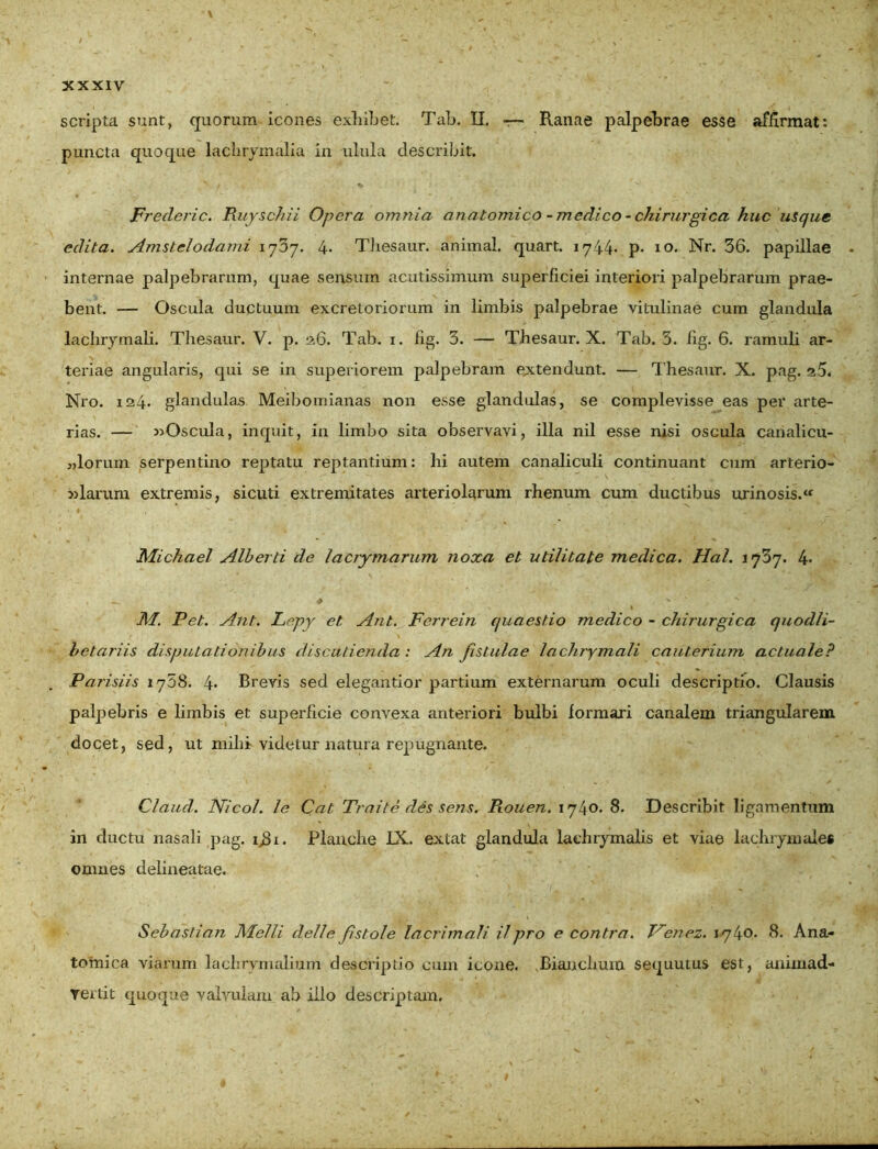 scripta sunt, quorum icones exhibet. Tab. XI. r— Ranae palpebrae esse affirmat: puncta quoque lachrymalia in ulula describit. Frederic. Ruyschii Opera omnia anatomico -medico - chirurgica huc usque edita. Amstelodami 1737. 4* Thesaur. animal, quart. 1744* p* 10. Nr. 36. papillae internae palpebrarum, quae sensum acutissimum superficiei interiori palpebrarum prae- bent. — Oscula ductuum excretoriorum in limbis palpebrae vitulinae cum glandula lachrymali. Thesaur. V. p. 26. Tab. 1. fig. 3. — Thesaur. X. Tab. 3. hg. 6. ramuli ar- teriae angularis, qui se in superiorem palpebram extendunt. — Thesaur. X. pag. a5< N10. 124- glandulas Meibomianas non esse glandulas, se complevisse eas per arte- rias. — :»Oscula, inquit, in limbo sita observavi, illa nil esse nisi oscula canalicu- jjlorum serpentino reptatu reptantium: hi autem canaliculi continuant cum arterio- »larum extremis, sicuti extremitates arteriolarum rhenum cum ductibus urinosis.‘f Michael Alberti de lacrymarum noxa et utilitate medica. Hal. 1737. 4- 71/. Pet. Ant. Lepy et Ant. Ferrein quaestio medico - chirurgica quodli- hetariis disputationibus discutienda : An fistulae lachrymali cauterium actuale? Parisiis 1758. 4* Brevis sed elegantior partium externarum oculi descriptio. Clausis palpebris e limbis et superficie convexa anteriori bulbi formari canalem triangularem docet, sed, ut milii videtur natura repugnante. Claucl. Ni coi. le Cat Troi te des sens. Rouen. 1740. 8. Describit ligamentum in ductu nasali pag. ij31. Planclie IX. extat glandula lachrymalis et viae lachrymale* omnes delineatae. Sebastian Melli delle fstole lacrimali ilpro e contra. Venez. 1740. 8. Ana- tomica viarum lachrymalium descriptio cum icone. Biauclxum sequutus est, animad- vertit quoque valvulam ab illo descriptam.