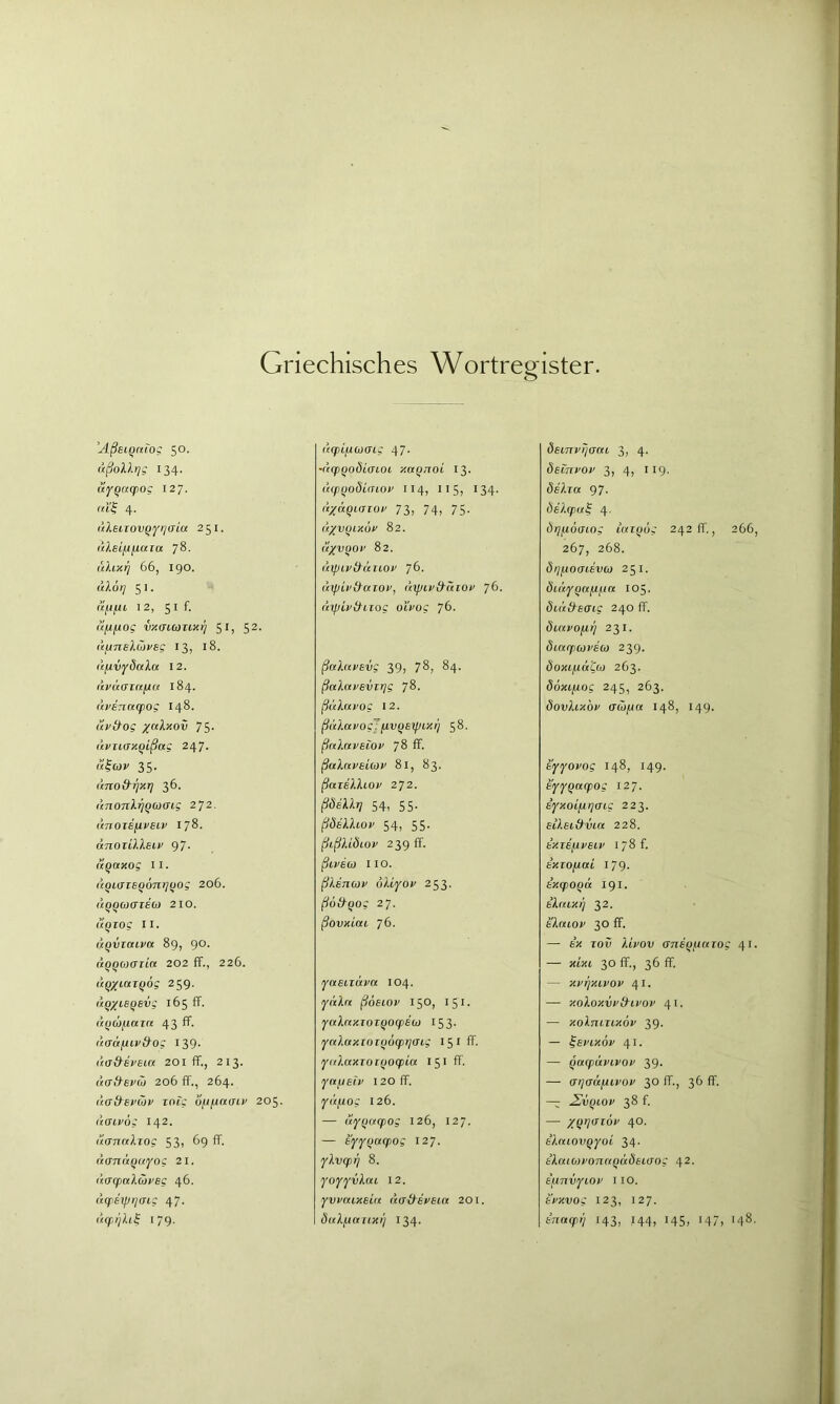 Griechisches Wortregister. ’Aßsiqniog 50. (tßoXlrig 134. a^Qacpog 127, 4. (/XeiiovQyi'/aia 251. itXeififMia 78. uXbxrj 66, 190. 51. 12, 51 f. ufjfiog vHaiauxi] 51, 52. (i/jneX(üt>eg 13, 18. (ifiVYÖaXa 12. itvaatnfiu 184. (ti>E7m(f)og 148. livXXog /«Axoü 75- (tmiaxqißug 247. 35. üno&^xr] 36. (tnonXrjquffig 272. uTiOTE^veiv 178. änoiiXXeu' 97- nqaxog 11. (tQiuieqonrjqog 206. (iqqaxriecü 210. «§roc II. qtqvicavu 89, 90. üqqoidzia 202 ff., 226. dq/iDiTqög 259. (xqXieqevg 165 ff. dqujinia 43 ff. dan^ivxXog 139. (ia&si'eia 201 ff., 213. dad'evd) 206 ff., 264. dcFÖ^efbüf TOig dn^ntnv 205. (tbuvog 142. uannXzog 53, 69 ff. nandqtxYog 21. HffbpaXwvBg 46. (tcpibpqaig 47. itcpiiXiS; 179. dq)i/j.cj(ng 47. •äcpqoöiiuoi xnqnoi 13. üipqoSiinov II4, II 5, 134. dxdquriov 73, 74, 75- dxvqixoix 82. dxvqov 82. ubpivd^duov 76. dbpiviXuiov, d'ipiv&rtiov 76. d'ipivxXiiog otVoc 76. ßaXafBvg 39, 78, 84. ßaXnvBViqg 78. ßuXavog 12. ßdXafogJfivqsxpixrj 58. ßnXavBiov 78 ff. ßaXavBicov 81, 83. (^areAAiot» 272. 54, 55- (?(5eAAioj' 54, 55. ßißXiöiov 239 ff. ßlVECü IIO. ßXinbiv oXifov 253. ßo&qog 27. ßovxiai 76. YaBizdva 104, 7'rtXrt ßÖBiov 150, 151. yaXnxzozqo(pB(i} 153. YnXaxtozqocpqaig iSiff. YuXaxzozqocpia 151 ff. fnpiBiv 120 ff. ydptog 126. — (tYqucpog 126, 127. — Bfyqaqtog 127. jXvq>rj 8. fOYfvXai 12. fvvnixBÜx (iffxXdt'Ei.n 201. öbtXfiazixi'j 134. ÖBinvijacu 3, 4. ÖBiTiPOix 3, 4, 119. dB).za 97. ÖBXzpui 4. öqfA.6iJtog ützqug 242 ff., 266 267, 268. ÖqfAOCnEVCO 251. öinYqeifii.in 105. öt.diXB(Tbg 240 ff. öinvofiq 231. 8inrp(üVB0) 239. doxifAuCo} 263. döxifiog 245, 263. öovXixov ad)fia 148, 149. Eyyovog 148, 149. BfYqacpog 127. BYxoifirjaig 223. EtXEifXvm 228. bXZB^VElV 178 f. BXZOfMti 179. Bxqpoqä 191. BXaixq 32. eAato»' 30 ff. —• £x Toü Xivov anBqf.tttzog 41 — xfxi 30 ff., 36 ff. — xi’rjxivov 41. — xoXoxvv&ivoi' 41. — xoXnizixov 39. — ^Bl'ixöv 41. — qazpuvivov 39. — tjqanpuvov 30 ff., 36 ff. — ^vqiov 38 f. — 40. bXntovqyoi 34. tXaiofonnqdÖEiaog 42, B’ftnvYiov IIO. Bvxvog 123, 127. tnacpi'i 143, 144, 145, 147, 148