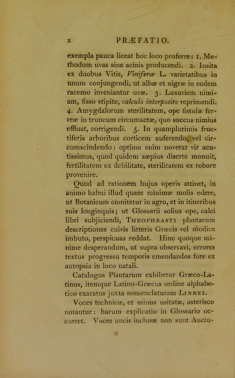 exempla pauca liceat hoc loco proferre: i. Me- thodum uvas sine acinis producendi. 3. Insita ex duobus Vitis, Vimferce L. varietatibus in unum conjungendi, ut albas et nigrae in eodem racemo inveniantur uvas. 3. Luxuriem nimi- am, fisso stipite, calculo interposito reprimendi. 4. Amygdalorum sterilitatem, ope fistulae fer- reae in truncum circumactae, quo succus nimius effluat, corrigendi. 5. In quamplurimis fruc- tiferis arboribus corticem auferendo, vel cir- cumscindendo: optime enim noverat vir acu- tissimus, quod quidem saepius diserte monuit, fertilitatem ex debilitate, sterilitatem ex robore provenire. Ouod ad rationem hujus operis attinet, in animo habui illud quam minim as molis edere, ut Botanicum comitetur in agro, et in itineribus suis longinquis; ut Glossarii solius ope, calci libri subjiciendi, Theophrasti plantarum descriptiones cuivis litteris Graecis vel modice imbuto, perspicuas reddat. Hinc quoqae mi- nim e desperandum, ut supra observavi, errores textus progressu temporis emendandos fore ex autopsia in loco natali. Catalogus Plantarum exhibetur Graeco-La- tinus, itemque Latino-Graeeus ordine alphabe- tico exaratus juxta nomenclaturam Linnei. Voces technicae, et minus usitatae, asterisco notantur: harum explicatio in Glossario oc- curret. Voces uncis inclusae non sunt Aucto-