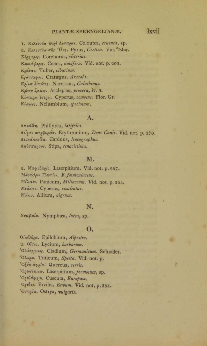 1. Kokoursa rstipi Aicrapuv. Coloutea, crucnta, sp. 2. KdAsutscs t(5s lbns. Pyrus, Cretica. Vid.1Iipos. K'opxopas. Corchorus, olitorius. KouxtoQopcs. Cocos, nucifera. Vld. not. p. 203. Kgavitv. Tuber, cibarium. Kfu.ra.iyos. Crataegus, Asserola. Kpivov VtavShs. Narcissus, Calathinus. Kplvou ofimo;. Asclepias, procera, iv. 9. Kvcrupcs iTt/>o;. Cyperus, comosus. Flor. Gr. Kvufj.cs. Nelumbium, spcciosum. A. AuxuSn. Phillyrea, lat folia. Atipiov ■zzcffpvaav'i. Erythronium, Dens Cants. Vid. not. p, 270. Asvxuxci'jSu. Carduus, leucographus. Anioffvugrav. Stipa, tenacissima. M. 2. Mwyvbagls. Laserpitium. Vid. not. p. 267. Mupad-pov TlcvrUv. Y.foeniculaceus. MlXivav. Panicum, Miliaceum, Vid. not. p. 355. Mvutriov. Cyperus, esculentus. MuXu. Allium, nigrum. N. Nufcpuiu. Nymphaea, lutea, sp. o. OlveSvpa. Epilobium, Alpestre. 2. Oltros. Lycium, barbarum. 'OXotr^mvos. Cladium, Germanicum. Schrader. ”OAvpa.. Triticum, Spelta. Vid. not. p. '0%vt) icyola. Quercus, cerris. ’O^sotr'ikivcii. Laserpitium, formosum, sp. 'OgoGdy%n. Cuscuta, Europtsa. Of»C«. Ervilia, Ervum. Vid. not. p.354. ’Otrrpv*. Ostrya, vulgaris.