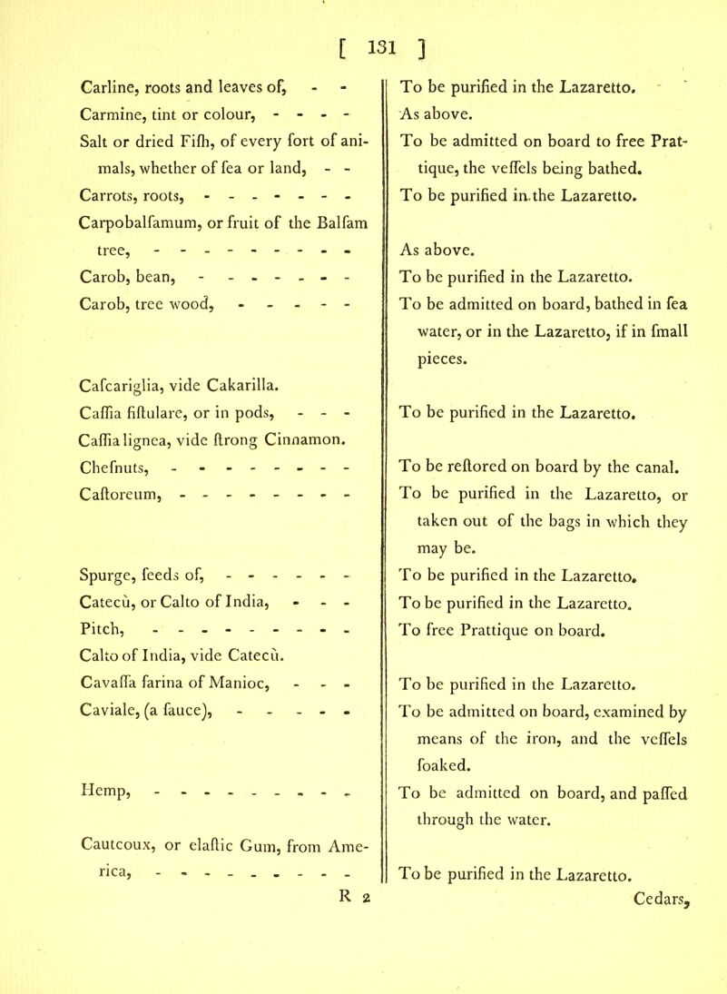 Carline, roots and leaves of. Carmine, tint or colour, - - - - Salt or dried Fifh, of every fort of ani- mals, whether of fea or land, - - Carrots, roots, ------- Carpobalfamum, or fruit of the Balfam tree, - - -- -- -- - Carob, bean, - ------ Carob, tree wood, - Cafcariglia, vide Cakarilla. Caflia fiftulare, or in pods, - - - Caffialignea, vide ftrong Cinnamon. Chefnuts, - - ------ Caftoreum, -------- Spurge, feeds of, ------ Catecu, or Calto of India, - - - Pitch, - - - Calto of India, vide Catecu. CavafTa farina of Manioc, - - - Caviale, (a fauce), - - - Hemp, Cautcoux, or elaflic Gum, from Ame- rica, - - R 2 To be purified in the Lazaretto. As above. To be admitted on board to free Prat- tique, the veffels being bathed. To be purified in.the Lazaretto. As above. To be purified in the Lazaretto. To be admitted on board, bathed in fea water, or in the Lazaretto, if in fmall pieces. To be purified in the Lazaretto. To be reflored on board by the canal. To be purified in the Lazaretto, or taken out of the bags in which they may be. To be purified in the Lazaretto. To be purified in the Lazaretto. To free Prattique on board. To be purified in the Lazaretto. To be admitted on board, examined by means of the iron, and the veffels foaked. To be admitted on board, and paffed through the water. To be purified in the Lazaretto. Cedars,