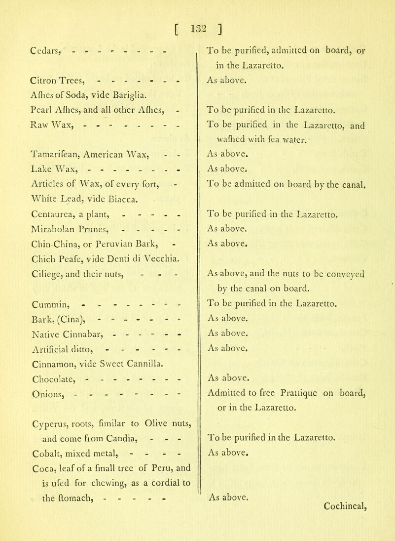 [ Citron Trees, - ----- Allies of Soda, vide Bariglia. Pearl Allies, and all other Allies, Raw Wax, - - - - - - - Tamarifean, American Wax, - - Lake Wax, -------- Articles of Wax, of every fort, White Lead, vide Biacca. Centaurea, a plant, - - - - Mirabolan Prunes, ----- Chin-China, or Peruvian Bark, Chich Peafe, vide Denti di Vecchia. Ciliege, and their nuts, - - - Cummin, - - ------ Bark, (Cina), ----- - - Native Cinnabar, ------ Artificial ditto, Cinnamon, vide Sweet Cannilla. Chocolate, - - -- -- -- Onions, - -- -- -- - Cyperus, roots, fimilar to Olive nuts, and come fiom Candia, - - Cobalt, mixed metal, - Coca, leaf of a fmall tree of Peru, and is ufed for chewing, as a cordial to the Itomach, 132 ] in the Lazaretto. As above. To be purified in the Lazaretto. To be purified in the Lazaretto, and walhed with fea water. As above. As above. To be admitted on board by the canal. To be purified in the Lazaretto. As above. As above. As above, and the nuts to be conveyed by the canal on board. To be purified in the Lazaretto. As above. As above. As above. As above. Admitted to free Prattique on board, or in the Lazaretto. To be purified in the Lazaretto. As above. As above. Cochineal,