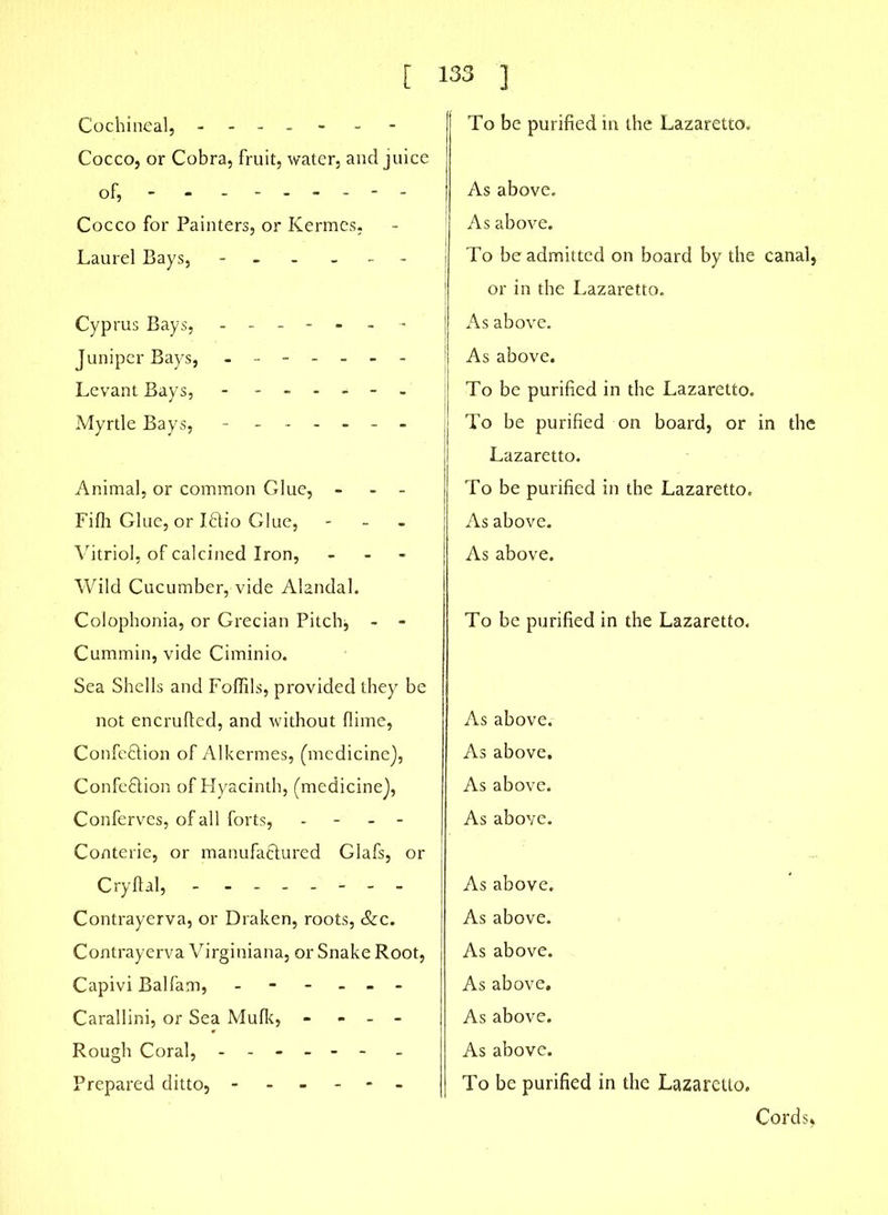 Cochineal, - - - Cocco, or Cobra, fruit, water, and juice of, - - ------- Cocco for Painters, or Kermes, Laurel Bays, - - Cyprus Bays, ------- Juniper Bays, ------- Levant Bays, - ------ Myrtle Bays, - Animal, or common Glue, - - Fifh Glue, or Iftio Glue, - Vitriol, of calcined Iron, - Wild Cucumber, vide Alandal. Colophonia, or Grecian Pitch, - - Cummin, vide Ciminio. Sea Shells and Foflils, provided they be not encrufted, and without (lime, Confe£tion of Alkermes, (medicine), Confe&ion of Hyacinth, (medicine), Conferves, of all forts, - - Conterie, or manufactured Glafs, or Cryftal, - ------- Contrayerva, or Draken, roots, &c. Contrayerva Virginiana, or Snake Root, Capivi Balfam, ------ Carallini, or Sea Mufk, - - - - Rough Coral, ------ Prepared ditto, ------ To be purified in the Lazaretto, As above. As above. I To be admitted on board by the canal, j or in the Lazaretto. As above. ! As above. To be purified in the Lazaretto, jj To be purified on board, or in the I Lazaretto. To be purified in the Lazaretto. As above. As above. To be purified in the Lazaretto. As above. As above. As above. As above. As above. As above. As above. As above. As above. As above. To be purified in the Lazaretto. Cords,