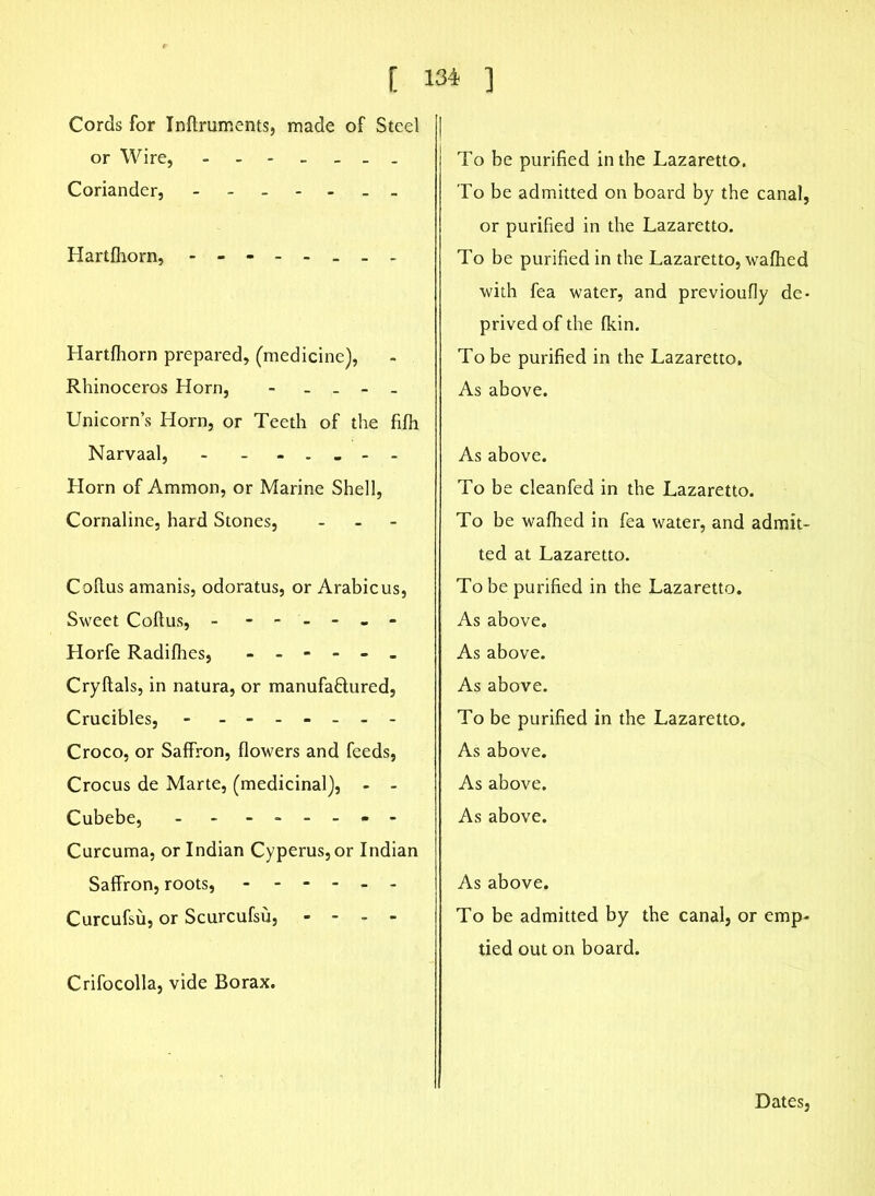 [ Cords for Inftruments, made of Steel or Wire, ------- Coriander, - - Hartfhorn, -------- Hartfhorn prepared, (medicine), Rhinoceros Horn, - _ _ - _ Unicorn’s Horn, or Teeth of the fifh Narvaal, - - - - - - Horn of Ammon, or Marine Shell, Cornaline, hard Stones, - Coftus amanis, odoratus, or Arabic us, Sweet Coftus, - ------ Horfe Radifhes, - - - - - - Cryftals, in natura, or manufa&ured, Crucibles, Croco, or Saffron, flowers and feeds, Crocus de Marte, (medicinal), - - Cubebe, - - ------ Curcuma, or Indian Cyperus,or Indian Saffron, roots, ------ Curcufsu, or Scurcufsu, - - - - Crifocolla, vide Borax. 134 ] To be purified in the Lazaretto. To be admitted on board by the canal, or purified in the Lazaretto. To be purified in the Lazaretto, wafhed with fea water, and previoufiy de- prived of the fkin. To be purified in the Lazaretto, As above. As above. To be cleanfed in the Lazaretto. To be wafhed in fea water, and admit- ted at Lazaretto. To be purified in the Lazaretto. As above. As above. As above. To be purified in the Lazaretto. As above. As above. As above. As above. To be admitted by the canal, or emp- tied out on board. Dates,