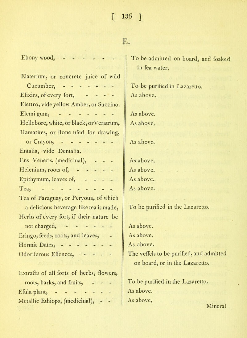E. Ebony wood, ------ Elaterium, or concrete juice of wild Cucumber, ------- Elixirs, of every fort, - - - Elettro, vide yellow Amber, or Succino. Elemi gum, - - ----- Hellebore, white, or black, orVeratrum, Hamatites, or ftone ufed for drawing, or Crayon, - ------ Entalia, vide Dentalia. Ens Veneris, (medicinal), - - - Helenium, roots of, - - - - - Epithymum, leaves of, - Tea, - - - -, Tea of Paraguay, or Peryoua, of which a delicious beverage like tea is made, Herbs of every fort, if their nature be not charged, - - - - - - Eringo, feeds, roots, and leaves, Hermit Dates, ------- Odoriferous Elfences, - - - - Extra&s of all forts of herbs, flowers, roots, barks, and fruits, - - - Efula plant, - - - - - - - Metallic Ethiops, (medicinal), - - To be admitted on board, and foaked in fea water. To be purified in Lazaretto. As above. As above. As above. As above. As above. As above. As above. As above. To be purified in the Lazaretto. As above. As above. As above. The veffels to be purified, and admitted on board, or in the Lazaretto. To be purified in the Lazaretto. As above. As above. Mineral