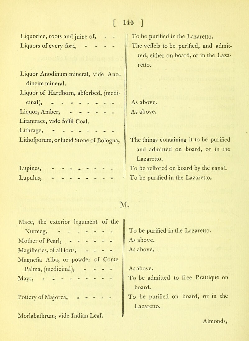 [ Liquorice, roots and juice of, - - Liquors of every fort, - - - Liquor Anodinum mineral, vide Ano- dineim mineral. Liquor of Hartfliorn, abforbed, (medi- cinal), - - - - - - Liquor, Amber, - - - - - - Litantrace, vide foflil Coal. Lithrage, - Lithofporum, or lucid Stone of Bologna, Lupines, -------- Lupulus, - ------- 144 ] To be purified in the Lazaretto. The veflels to be purified, and admit- ted, either on board, or in the Laza- retto. As above. As above. The things containing it to be purified and admitted on board, or in the Lazaretto. To be reftored on board by the canal. To be purified in the Lazaretto. M. Mace, the exterior legument of the Nutmeg, - Mother of Pearl, - Magifteries, of all forts, - - - - Magnefia Alba, or powder of Conte Palma, (medicinal), - - - Mays, - -------- Pottery of Majorca, - - - - - To be purified in the Lazaretto. As above. As above. As above. To be admitted to free Prattique on board. To be purified on board, or in the Lazaretto. Morlabathrum, vide Indian Leaf. Almonds,