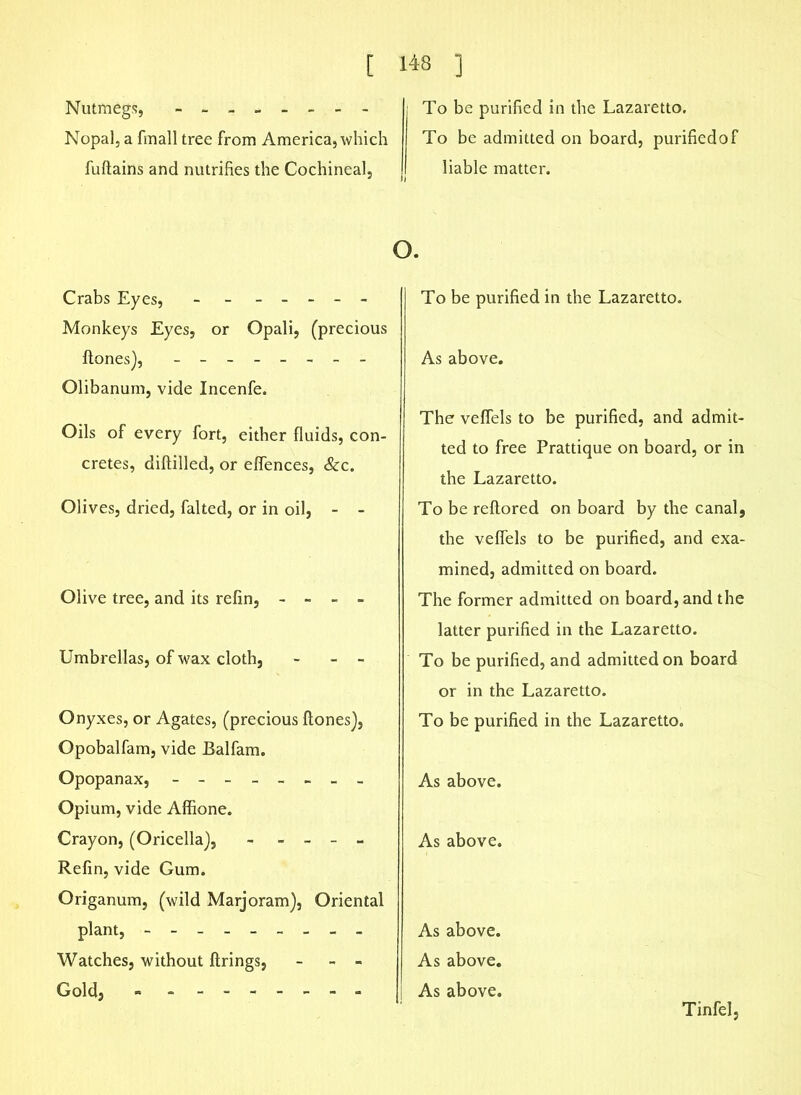 t Nutmegs, - -- -- - - - Nopal, a fmall tree from America, which fuftains and nutrifies the Cochineal, o. 148 ] To be purified in the Lazaretto. To be admitted on board, purifiedof liable matter. Crabs Eyes, - - ------ Monkeys Eyes, or Opali, (precious ftones), -------- Olibanum, vide Incenfe. Oils of every fort, either fluids, con- cretes, diftilled, or eflences, &c. Olives, dried, falted, or in oil, - - Olive tree, and its refin, - - - - Umbrellas, of wax cloth, - - - Onyxes, or Agates, (precious ftones), Opobalfam, vide Balfam. Opopanax, --------- Opium, vide Afiione. Crayon, (Oricella), - - - - Refin, vide Gum. Origanum, (wild Marjoram), Oriental plant, - -- -- -- -- Watches, without firings, - - - Gold, - To be purified in the Lazaretto. As above. The veflels to be purified, and admit- ted to free Prattique on board, or in the Lazaretto. To be reftored on board by the canal, the veflels to be purified, and exa- mined, admitted on board. The former admitted on board, and the latter purified in the Lazaretto. To be purified, and admitted on board or in the Lazaretto. To be purified in the Lazaretto. As above. As above. As above. As above. As above. Tinfel,