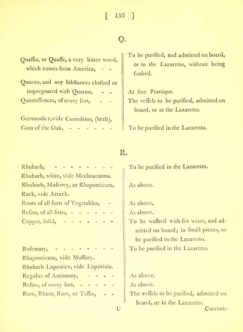 Q- Quaflia, or Qualfe, a very bitter wood, which comes from America, - - Quarzo, and any fubftances clothed or impregnated with Quarzo, - - Ouintelfences, of every fort, Germander,vide Camedrios, (herb), Gum of the Oak, - - - - - To be purified, and admitted on board, or in the Lazaretto, without being foaked. At free Prattique. The velfels to be purified, admitted on board, or at the Lazaretto. To be purified in the Lazaretto. R. Rhubarb, -------- Rhubarb, white, vide Mechoacanna. Rhubarb, Mufcovy, or Rhaponticum, Rack, vide Arrack. Roots of all forts of Vegetables, Refins, of all forts, ------ Copper, folid, ------- Rofemary, -------- Rhaponticum, vide Muffory. Rhubarb Liquorice, vide Liquirizia. Regulus of Antimony, - - - - Refins, of every fort, - - - - - Rum, Rhum, Rom, or Taffia, - - U | To be purified in the Lazaretto. i As above. j As above. As above. To be wafhed with fea water, and ad- mitted on board; in fmall pieces, to be purified in the Lazaretto. To be purified in the Lazaretto. As above. As above. The velfels to be purified, admitted on ! board, or in the Lazaretto. Currants