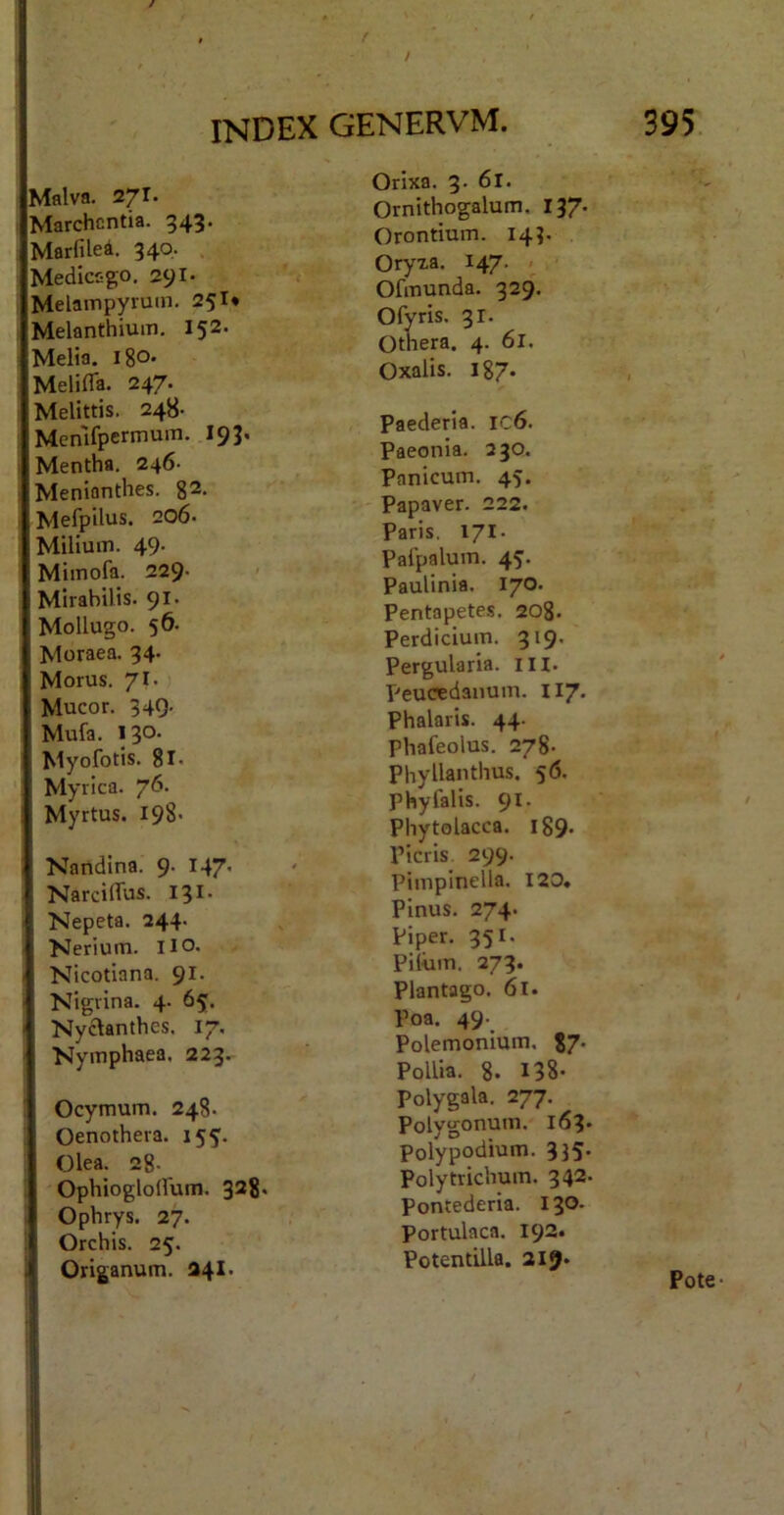 Malva. 271. Marchcntia. 343. Marfilea. 340, Medice go. 291- Melampyruin. 251* Melanthium. 152. Melia, igo» Melifla. 247- Melittis. 248- Memfpermum. 19 3. Mentha. 246- Menianthes. 82. Mefpilus. 206. Milium. 49- Mimofa. 229- Mirabilis. 91* Mollugo. 56. Morae a. 34. Morus. 71. Mucor. 34Q. Mufa. 130. Myofotis. 8l. Myrica. 7^- Myrtus. 198 Nandina. 9. 147. NarcifTus. 131. J Nepeta. 244' - Nerium. Iio. Nicotiana. 91. Nigrina. 4. 65;. Nyclanthes. 17, Nymphaea. 223- Ocymum. 248. Oenothera. 155’. Olea. 2g. Ophiogloirum. 328* Ophrys. 27. Orchis. 25. Origanum. 241. Orixa. 3. 61. Ornithogalum. 137. Orontium. 143. Oryxa. 147. Ofmunda. 329. Ofyris. 31. Othera. 4. 61. Oxalis. 187. Paederia. ic6. Paeonia. 230. Panicum. 45. Papaver. 222. Paris, 171. Palpalum. 45. Paulinia. 170. Pentapetes. 208. Perdicium. 319. P er gula r ia. m. Peucedanum. II7. Phalaris. 44- Phafeolus. 278. Phyllanthus. 56. Phyfalis. 91. Phytolacca. i89- picris 299. Pimpinella. 120. Pinus. 274. Piper. 351. Pilum. 273. Plantago. 61. Poa. 49- Polemonium. 87* Pollia. 8. 138- Polygala. 277. Polygonum. 163» Polypodium. 335. Polytrichum. 342. Pontederia. 130. Portulaca. 192. Potentilla. 219.