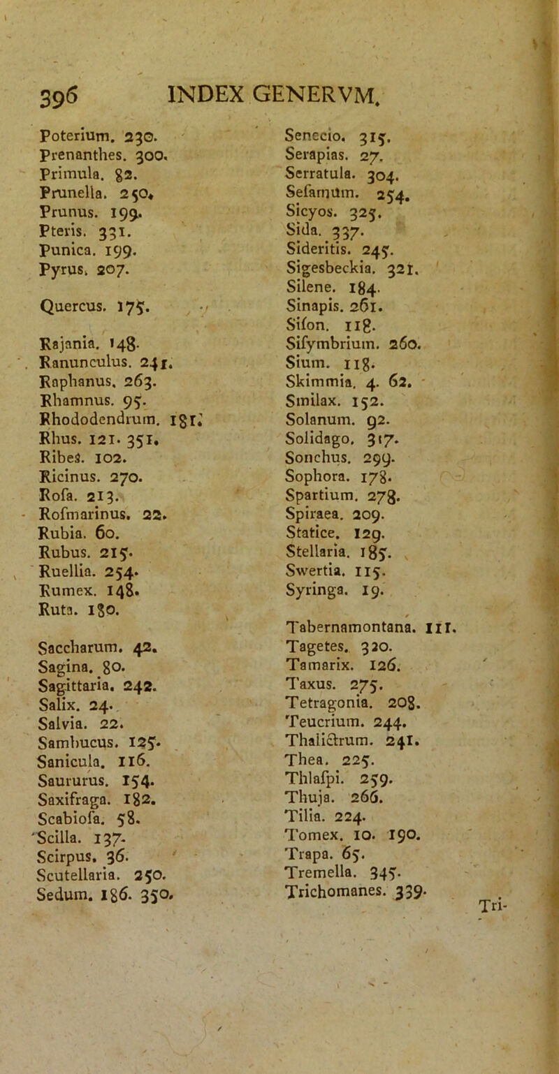 Poterium. 230. Prenanthes. 300. Primula. g2. Pmnella. 250* Prunus. 195. Pteris. 331. Punica. 199. Pyrus. 207. Quercus. 17$. ^ • Rajania. 148. Ranunculus. 241. Raphanus. 263. Rhamnus. 95. Rhododendmm. i§r; Rhus. 121. 351, RibeS. 102. Ricinus. 270. Rofa. 213. Rofmarinus. 22. Rubia. 60. Rubus. 215. Ruellia. 254. Rumex. 148. Ruta. iSo. Saccharum, 42. Sagina. _go. Sagittaria, 242. Salix. 24. Salvia. 22. Sambucus. I2S'. Sanicula. I16. Saururus. 154. Saxifraga. Ig2. Scabiofa. 58. 'Scilla. 137. Scirpus, 36. Scutellaria. 250* Sedum, 186. 350, Senecio. 315^. Serapias. 27. Serratula. 304. SefamUm. 2^^, Sicyos. 325, Sida. 337. Sideritis. 245'. Sigesbeckia. 321. ' Silene. 184. Sinapis. 261. Siion. iig. Sifymbrium. 260. Sium. iig. Skimmia. 4. 62. ■ Smilax. 152. Solanum. 92. Solidago. 317. Sonchus. 299. Sophora. 178. Spartium. 273. Spiraea. 209. Statice. 129. Stellaria. iSj. Swertia. 115. Syringa. 19. Tabernamontana. liI. Tagetes. 320. Tamarix. 126. Taxus. 275. Tetragonia. 20g. Teucrium. 244. Thaliclrum. 24I. Thea. 225. Thlafpi. 259. Thuja. 266. Tilia. 224. Tomex. 10. 190. Trapa. 65. Tremella. 345. Trichomanes. 339.