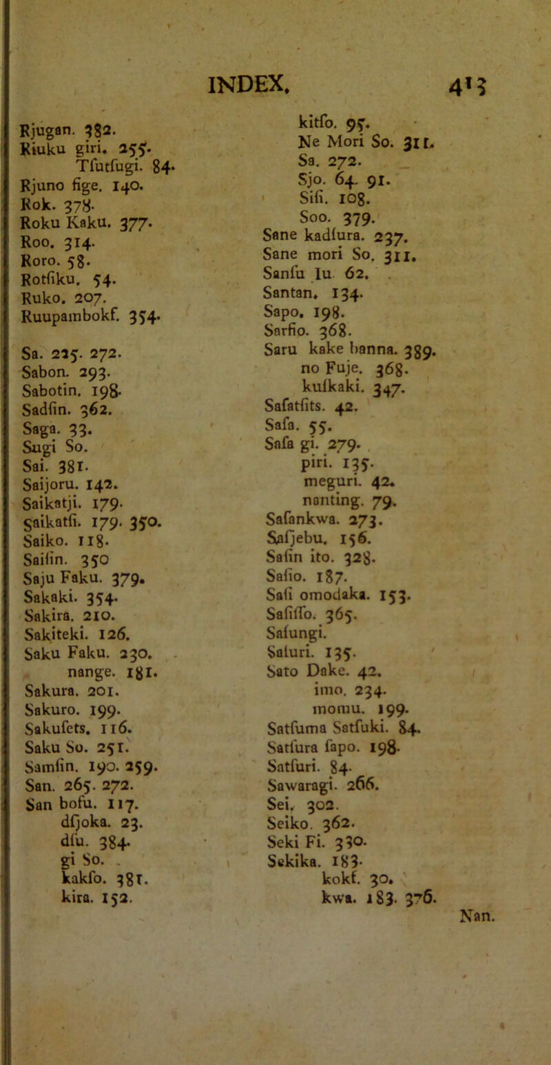 Rjugan. q82. Kiuku gtri. 255^. Tfutfugi. 84* Rjuno fige. 140. Rok. 378. Roku Kflku. 377. Roo. 314. Roro. 58. Rotfiku. 54. Ruko. 207. Ruupainbokf. 354. Sa. 225. 272. Sabon. 293. Sabotin. 198. Sadfin. 362. Saga. 33. Sugi So. Sai. 381- Saijoru. 142. Saikatji. 179. Saikatfi. 179. 350. Saiko. llg. Saifin. 350 Saju Faku. 379, Sakaki. 354. Sakira. 210. Sakiteki. 126. Saku Faku. 230. nange. igi. Sakura. 201. Sakuro. 199. Sakufets. 116. Saku So. 251. Samfin. 190. 259. San. 265. 272. San bofu. 117. dfjoka. 23. dfu. 384. gi So. kakfo. 38T. kira. 152. kitfo. 9f. Ne Mori So. 311, Sa. 272. Sjo. 64. 91. Sifi. lOg. Soo. 379. Sane kadfura. 237. Sane mori So. 311, Sanfu lu 62. Santan. 134. Sapo. 198. Sarfio. 368- Saru kake banna. 339. no Fuje. 368. kuikaki. 347. Safatfits. 42. Safa. 55. Snfa gi. 279. piri. 135. meguri. 42. nanting. 79. Safankwa. 273. Safjebu. 156. Safin ito. 328- Safio. 187. Sali omociaka. 153. Safiflb. 365. Safungi. Saluri. 135. Sato Dake. 42. imo. 234. inorau. 199. Satfuma Satfuki. 84. Satlura fapo. 198. Satfuri. 84- Sawaragi. 266. Sei. 302. Seiko. 362. Seki Fi. 390- Sekika. i83- kokk 30* kwa. 183. 376. Nan.