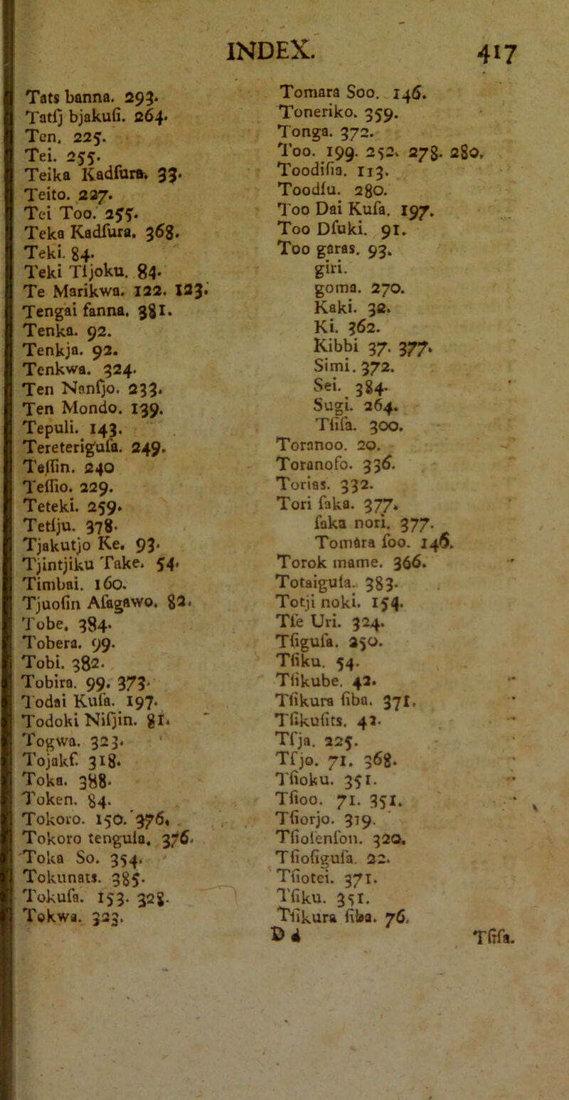 Tats banna. 295. Tatlj bjakufi. 264- Tcn. 225. Tei. 255. Teika Kadfunh 35. Teito. 227. Tei Too. 25^. Teka Kadfura. 368. fij.. Teki Tljoku. 84* Te Marikwa. 122. I33* Tengai fanna, 381* Tenka. 92. Tenkja. 92. Tenkwa. 324. Ten Nanijo. 233* Ten Mondo. 139. Tepuli. 143. Tereterigufa. 249. Telfin. 240 Teifio. 229. Teteki. 259. Tetiju. 378- Tjakutjo Ke. 93* Tjintjiku Take. $4' Timbai. 160. Tjuolin Afagawo. 82. Tobe, 384. Tobera. 99. Tobi. 382. Tobira. 99. 373. l odai Kufa. 197. TodokiNiOin. gl. Togwa. 323. Tojakf. 318. Toka. 388. Token. 84. Tokovo. 150.'376. . Tokoro tengula. 376. Toka So. 354. Tokunats. 385. Tokufa. 153. 328. Tokwa. 323. Tomara Soo. 146. Toneriko. 359, Tonga. 372. Too. 199. 252. 278. 280, Toodifia. 113. Toodfu. 280. Too Dai Kufa, 197. Too Dfuki. 91. Too garas. 93. giii. goma. 270. Kaki. 32. Ki. 362. Kibbi 37. 377. Simi. 372. Sei. 384. Sugi. 264. Tfifa. 300. Toranoo. 20. Toranofo. 33^. Torias. 332. Tori faka, 3^. foka nori. 377. Tomara foo. 146. Torok mame. 366. Totaigula- 383* Totji noki. 154. Tfe Uri. 324. Tfigufa. 250. Tfiku, 54, Tlikube. 42. Tlikura fiba. 371, Tfikufits. 42. Tfja. 225. Tfjo. 71. 368. Tfioku. 351. Tfioo, 71. 351. Tfiorjo, 319. Tfiolenfon. 320. Tfiofigufa. 22. Tfiotci. 371. Tfiku. 351. Tlikura fiba. 76. Dd Tlrfa.