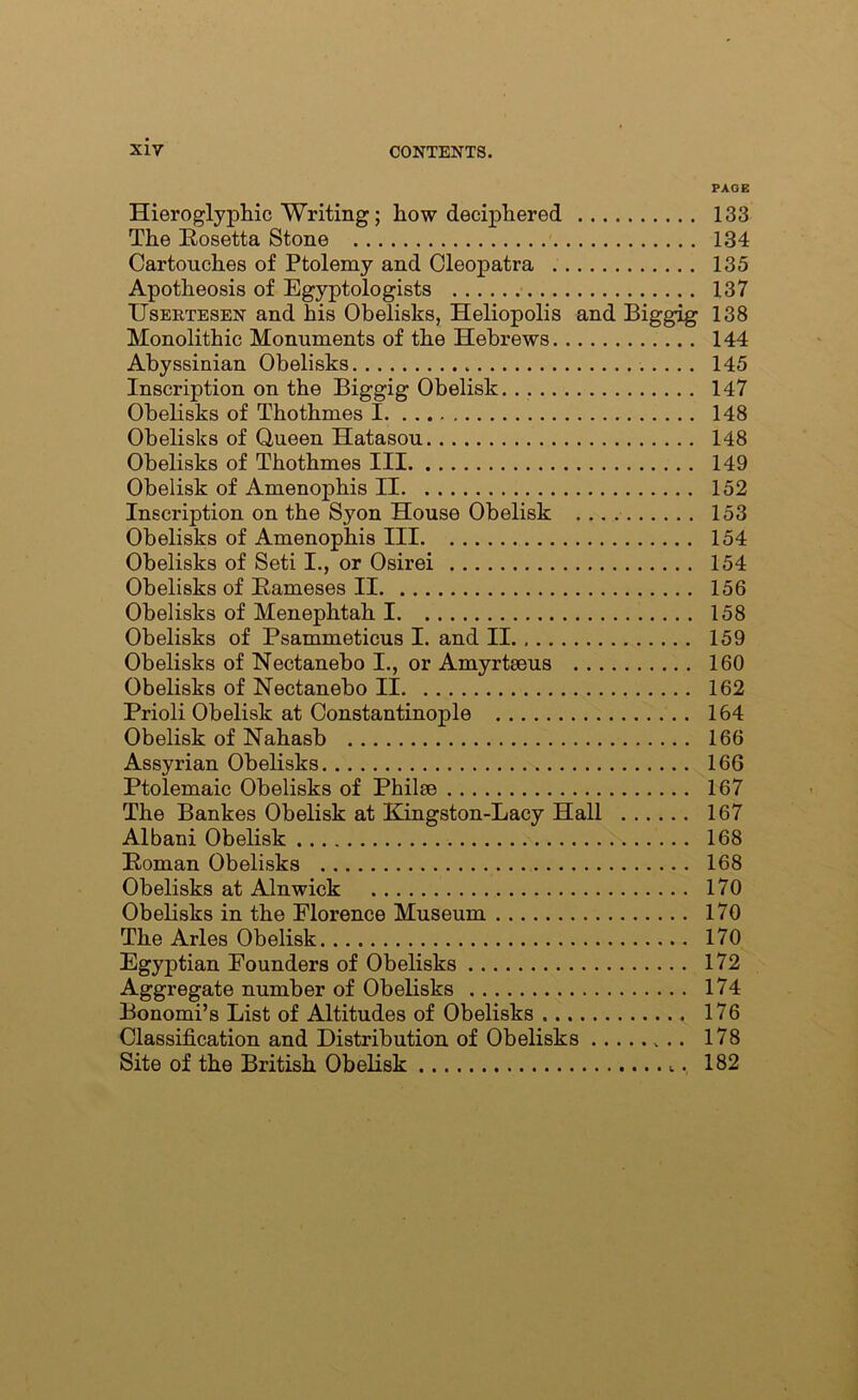 PAGE Hieroglyphic Writing; how deciphered 133 The Hosetta Stone 134 Cartouches of Ptolemy and Cleopatra 135 Apotheosis of Egyptologists 137 UsERTESEN and his Obelisks, Heliopolis and Biggig 138 Monolithic Monuments of the Hebrews 144 Abyssinian Obelisks 145 Inscription on the Biggig Obelisk. 147 Obelisks of Thothmes 1 148 Obelisks of Queen Hatasou 148 Obelisks of Thothmes III 149 Obelisk of Amenophis II 152 Inscription on the Syon House Obelisk 153 Obelisks of Amenophis III 154 Obelisks of Seti I., or Osirei 154 Obelisks of Eameses II 156 Obelisks of Menephtah 1 158 Obelisks of Psammeticus I. and II 159 Obelisks of Nectanebo I., or Amyrtseus 160 Obelisks of Nectanebo II 162 Prioli Obelisk at Constantinople 164 Obelisk of Nahasb 166 Assyrian Obelisks 166 Ptolemaic Obelisks of Philee 167 The Bankes Obelisk at Kingston-Lacy Hall 167 Albani Obelisk 168 Eioman Obelisks 168 Obelisks at Alnwick 170 Obelisks in the Florence Museum 170 The Arles Obelisk 170 Egyptian Founders of Obelisks 172 Aggregate number of Obelisks 174 Bonomi’s List of Altitudes of Obelisks 176 Classification and Distribution of Obelisks 178 Site of the British Obelisk 182