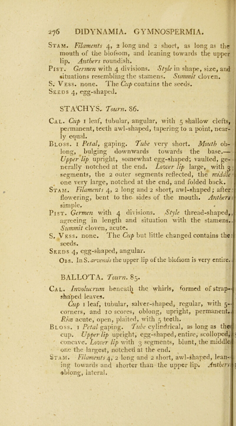 / Stam. Filaments 4, 2 iong and 2 short, as long as the inoiith of the biofsom, and leaning towards the upper Up. Anthers roundish. PisTT. Gennen with 4 divisions. Style in shape, size, and situations resembling the stamens. Summit cloven. S. Vess. none. The contains the seeds. Seeds 4, egg-shaped. \ STA'CHYS! rourn. 86. Cal. Cup I leaf, tubular, angular, with 5 shallow clefts, permanent, teeth awl-shaped, ta|3ering to a point, near- ly equal. Bloss. I Petaly gaping. Tube very short. Mouth ob- long, bulging downwards towards the base.— Upper lip upright, somewhat egg-shaped; vaulted, ge-^ nerally notched at the end. Lower lip large, with 3 ; ' segments, the 2 outer segments reflected, the middle ’ one very large, notched at the end, and folded back. Stam. Filaments 4, 2 long and 2 short, awl-shaped; after: dowering, bent to the- sides of the mouth. Anthersf simple. Pi ST. Qermen with 4 divisions. .Style thread-shaped,, agreeing in length and situation with the stamens.. Summit cloven, acute. S. Vess. none. The Cup but little changed contains thef seeds. Seeds 4, egg-shaped, angular. Obs. In S.arvensis the upper lip of the biofsom Is very entire. BALLO'TA. Tourn, 85. Cal. Involucrurn beneath the whirls, formed of strap-* shaped leaves. Cup I leaf, tubular, salver-shaped, regular, with 5-- corners, and 10 scores, oblong, upright, permanent., Rim acute, open, plaited, with 5 teeth, Bloss. i gaping. cylindrical, as long as thet cup. Upper lip upright, egg-shaped, entire, scolloped^ < ' concave. Loiver lip with 3 segments, blunt, the middle^ ' “ one the largest, notched at the end. Stam. Filaments 2 long and 2 short, awl-shaped, lean- ing towards and shorter than-the upper lip. Anthers { oblong, lateral.