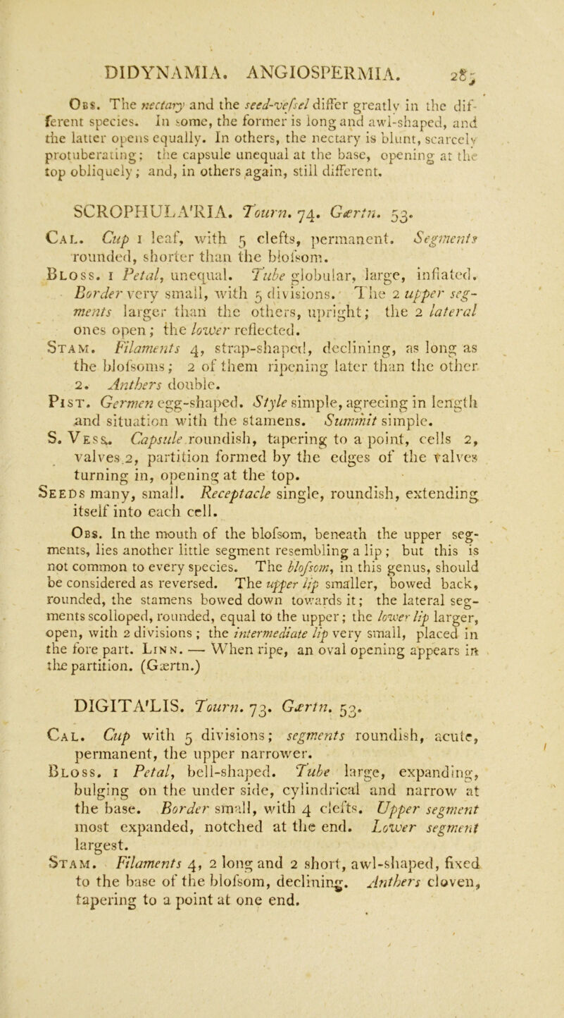 2g; Obs. The ticctaiy and the seed-vefsel differ greatly in the dif- ferent species. In some, the former is long and awl-shaped, and the latter opens equally. In others, the nectary is blunt, scarcely protuberating; the capsule unequal at the base, opening at the top obliquely; and, in others,again, still different. SCROPHULA'RIA. rotmt. 74. 53. Cal. Cup i leaf, with 5 clefts, permanent. Segments rounded, shorter than the blofsom. Bloss. I Petal, unequal. Tube globular, large, inflated. BorJe?' very small, with 5 divisions. The 2 upper seg- ments larger than the others, upright; the 2 lateral ones open; the loiver reflected. Stam. Filaments 4, strap-shaped, declining, as long as the biolsoms; 2 of them ripening later than the other 2. Anthers double. PiST. Grmrw egg-shaped. 5’/y/e simple, agreeing in length and situation with the stamens. Summit s\mp\Q, S. Vess,. Capsule tapering to a point, cells 2, valves.2, partition formed by the edges of the valves turning in, opening at the top. Seeds many, small. Receptacle single, roundish, extending itself into each cell. Obs. In the mouth of the blofsom, beneath the upper seg- ments, lies another little segment resembling a lip ; but this is not common to every species. The blofsom, in this genus, should be considered as reversed. The //p smaller, bowed back, rounded, the stamens bowed down towards it; the lateral seg- ments scolloped, rounded, equal to the upper; the louver lip larger, open, with 2 divisions ; the intermediate lip very small, placed in the fore part. Linn. — When ripe, an oval opening appears in the partition. (Gsertn.) DIGITA'LIS. Tourn, 73. Geertn, 53. Cal. Cup with 5 divisions; segm^ents roundish, acule, permanent, the upper narrower, Bloss. i Petal, bell-shaped. Tube large, expanding, bulging on the under side, cylindrical and narrow at the base. Border small, with 4 clefts. Upper segmerit most expanded, notched at the end. Loiver segment • Stam, Filaments 4, 2 long and 2 short, awl-shaped, fixed to the base of the blofsom, declining. Anthers cloven, tapering to a point at one end.