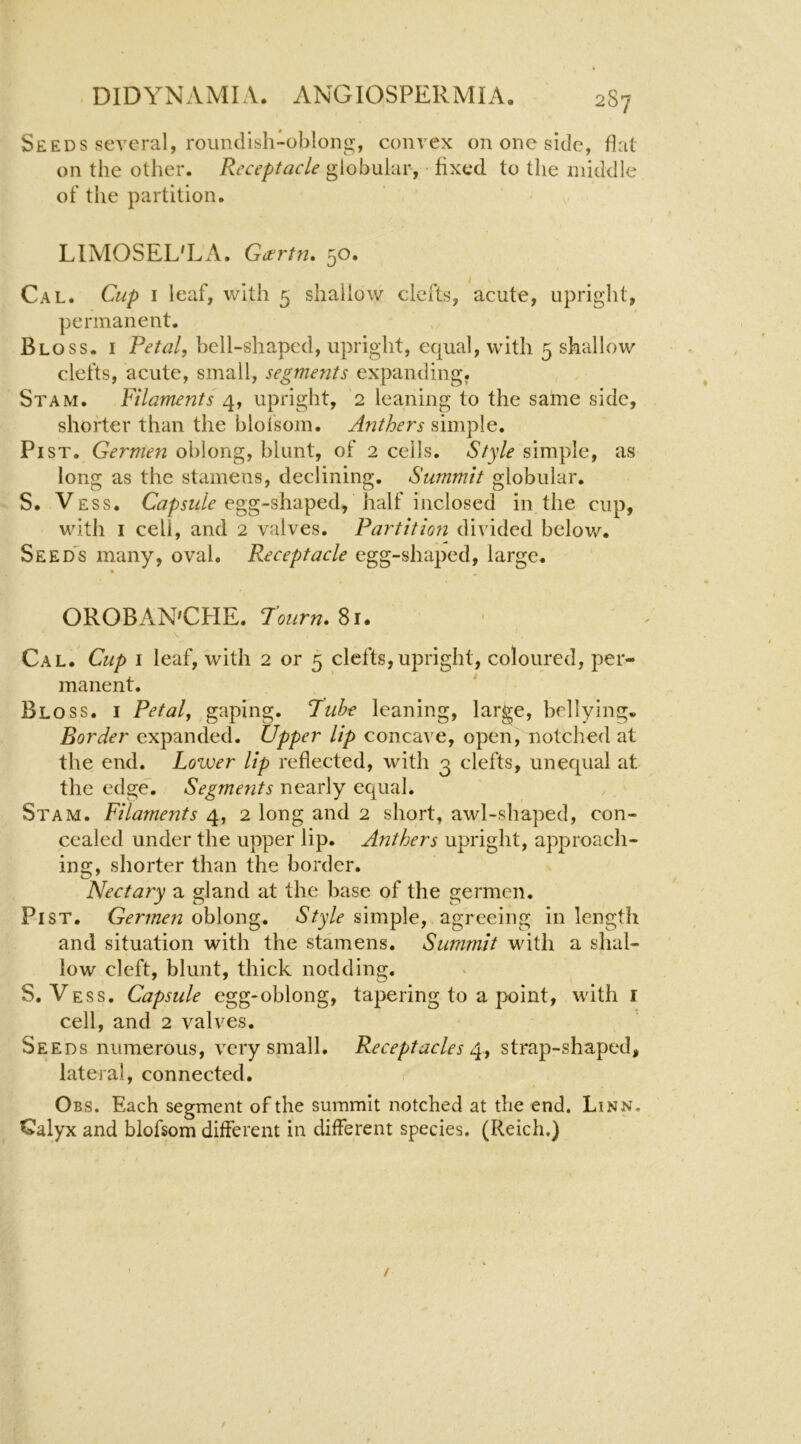 Seeds several, roundish-oblong, convex on one side, flat on the other. Receptacle globular, fixed to the middle of the partition. LIMOSEL'LA. Gicrtfi* 50. Cal. Cup I leaf, with 5 shallow clefts, acute, upright, permanent. Bloss. I Petal, hell-shaped, upright, equal, with 5 shallow clefts, acute, small, segments expanding. St AM. Filaments 4, upright, 2 leaning to the same side, shorter than the blolsom. Anthers simple. Pi ST. Germen oblong, blunt, of 2 ceils. Style simple, as long as the stamens, declining. Summit globular. S. Vess. egg-shaped, half inclosed in the cup, with I cell, and 2 valves. Partitio?i divided belov/. Seeds many, oval. Receptacle egg-shaped, large. « OROBAN'CHE. Tourn. 8i. \ Cal. Cup I leaf, with 2 or 5 clefts,upright, coloured, per- manent. Bloss. i Petal, gaping. Puhe leaning, large, bellying* Border expanded. Upper lip concave, open, notched at the end. Lower lip reflected, with 3 clefts, unequal at the edge. Segments nearly equal. Stam. Filaments 4, 2 long and 2 short, awl-shaped, con- cealed under the upper lip. Anthers upright, approach- ing, shorter than the border. Nectary a gland at the base of the germen. Pi ST. Germen oblong. Style simple, agreeing in length and situation with the stamens. Summit with a shal- low cleft, blunt, thick nodding. S. Vess. Capsule egg-oblong, tapering to a point, with i cell, and 2 valves. Seeds numerous, very small. Receptacles strap-shaped, lateral, connected. Obs. Each segment of the summit notched at the end. Linn. Calyx and blofsom different in different species. (Reich.)