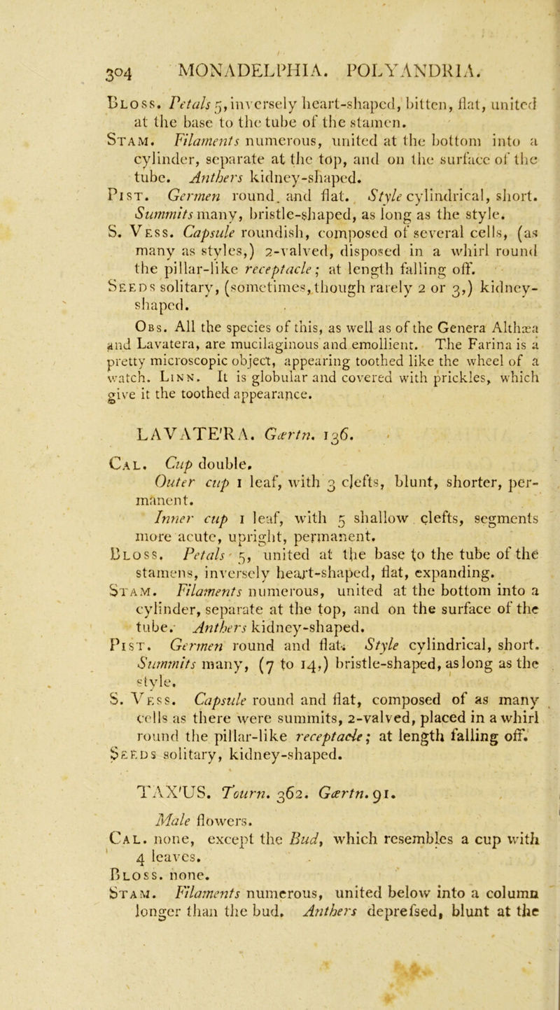 3<^4 MON y\ DEL PH IA. POL Y AN DR 1A. Bloss. 5,inversely heart-shaped, hitten, flat, united at the base to the tube of the stamen, Stam. Vilamenis numerous, united at the Ijottom into a cylinder, separate at tiie top, and on the surface oi’ the tube. Anthers kidney-shaped. PisT. Germen round, and flat,. A/y/t’cylindrical, sliort. Summits m-Awyi bristle-shaped, as long as the style. S. Vess. roundish, composed of several cells, (as many as styles,) 2-valved, disposed in a wliirl rouml the pillar-like receptacle; at length falling off. Seeds solitary, (sometimes, though rarely 2 or 3,) kidney- shaped. Obs. All the species of this, as well as of the Genera Althaea and Lavatera, are mucilaginous and emollient. The Farina is a pretty microscopic object, appearing toothed like the wheel of a watch. Linn*. It is globular and covered with prickles, which give it the toothed appearance. LAVATE'RA. Gccrtn, 136. . Cal. Cup double. Outer cup I leaf, with 3 clefts, blunt, shorter, per- manent. Inner ctip i leaf, with 5 shallow elefts, segments more acute, upright, permanent. Bloss. Petals'^, united at the base to the tube of the stamens, inversely heart-shaped, flat, expanding. Stam. Filaments numerous, united at the bottom into a cylinder, separate at the top, and on the surface of the tube.- Anthers kidney-shaped. Pi ST. Germen round and flat-; Style cylindrical, short. Surntnits many, (y to 14,) bristle-shaped, as long as the «tyle. S. A^ess. Capsule round and flat, composed of as many cells as there were summits, 2-valved, placed in a whirl round the pillar-like receptacle; at length falling off. ^EEDs solitary, kidney-shaped. TAX'US. Tourn» 0^62, Gcertn»<^i* Male flowers. Cal. none, except the Bud^ which resembles a cup with 4 leaves. Bloss. none. Stam. Filaments numerous, united below into a column longer than the bud. Anthers deprefsed, blunt at the