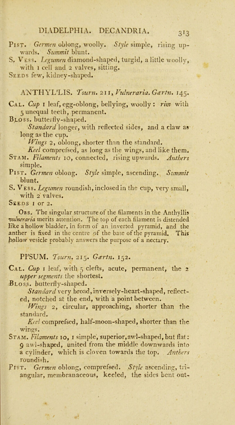 Pi ST. Germen oblong, woolly. Style simple, rising up- wards. Summit blunt. S, VESS. I.egumen diamond-shaped, turgid, a little woolly, with I cell and 2 valves, sitting. Seeds few, kidney-shaped. ANTHYL'LIS. T’ourn* 211, Vulneraria, G(srt7i» 145. I Cal. Cup i leaf, egg-oblong, bellying, woolly: rim with 5 unequal teeth, permanent. Bldss. butteitly-shaped. Standard longer, with reflected sides, and a claw as' long as the cup. ’ ' Wings 2, oblong, shorter than the standard. Keel comprefsed, as long as the wings, and like them. Stam. Filaments 10, connected, rising upwards. Anthers simple. Pi ST. Germen oblong. Style simple, ascending. Summit blunt. S. V ESS. Legumen roundish, inclosed in the ctip, very small, with 2'valves. Seeds i or 2. Obs. The singular structure of the filaments in the Anthyllis •vulneraria merits attention. The top of each filament is distended like a hollow bladder, in form of an inverted pyramid, and the anther is fixed in the centre of the base of the pyramid. This follow vesicle probably answers the purpose of a nectary, PrSUM. 7ourn» 215. Geertn* 152. Cal. Cup I leaf, with 5 clefts, acute, permanent, the 2 upper segments the shortest. Blos,s. butterfly-shaped. Standard very broad, inversely-heart-shaped, reflect- ed, notched at the end, with a point between. Wings 2, circular, approaching, shorter than the standard. Keel comprefsed, half-moon-shapcd, shorter than the , wings. Stam. Filaments 10, i simple’, superior,awl-shaped,but flat: 9 awl-shaped, united from the middle downwards into a cylinder, which is cloven towards tiie top. Anthers roundish. Fist. Germen oblong, comprefsed. Style ascending, tri- angular, membranaceous, keeled, the sides bent out-