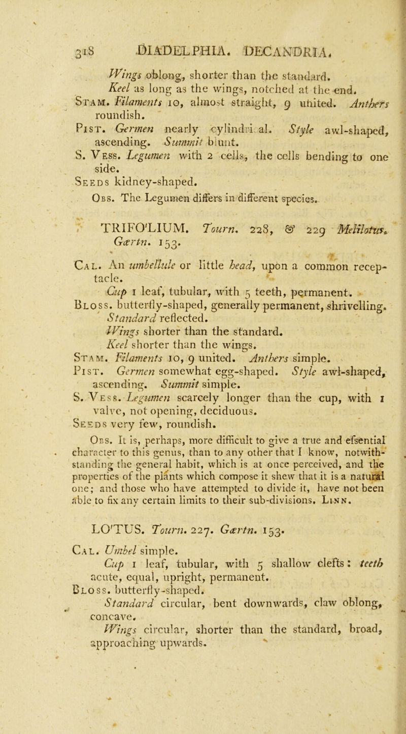 Wings oblong, shorter than the standard. ' Keel as long as the wings, notched at the end. Sr AM. Filaments lo, almost straight, 9 uhited. Anthers roundish. Pi ST. Germen nearly cylindri al. Style awl-shaped, ascending. Summit blunt. S. VESS. Legumen with 2 cells, the cells bending to one side. Seeds kidney-shaped. Obs. The Legumen differs in different species. I TRIhO'LIUM, T ourn, 228, ^ 229 Melilotm^ Geertn* 153. « * Cal. An umbellule or little head, upon a common recep- tacle. Cup I leaf, tubular, with 5 teeth, pQrmanent. Bloss. buttertly-shaped, generally permanent, shrivelling. Standard reflected. Wings shorter than the standard. ' Keel shorter than the wings. St AM. Filaments 10, 9 united. Anthers simple. Pi ST. somewhat egg-shaped. awl-shaped, ascending. Summit simple. , Legumen scarcely longer than the cup, with i • valve, not opening, deciduous. Seeds very few, roundish. Obs. It is, perhaps, more difficult to give a true and efsential . character to this genus, than to any other that I know, notwith- standing the general habit, which is at once perceived, and the properties of the plants which compose it shew that it is a natural one; and those who have attempted to divide it, have not been able to fix any certain limits to their sub-divisions, Linn. LO'TUS, Town, 227. Gdertn, 153. Cal. Umbel simple. Cup I leaf, tubular, with 5 shallow clefts: teeth acute, equal, upright, permanent. Bloss. butterfly-shaped. Standard circular, bent downwards, claw oblong, concave. Wings circular, shorter than the standard, broad, ' approaching'upwards.