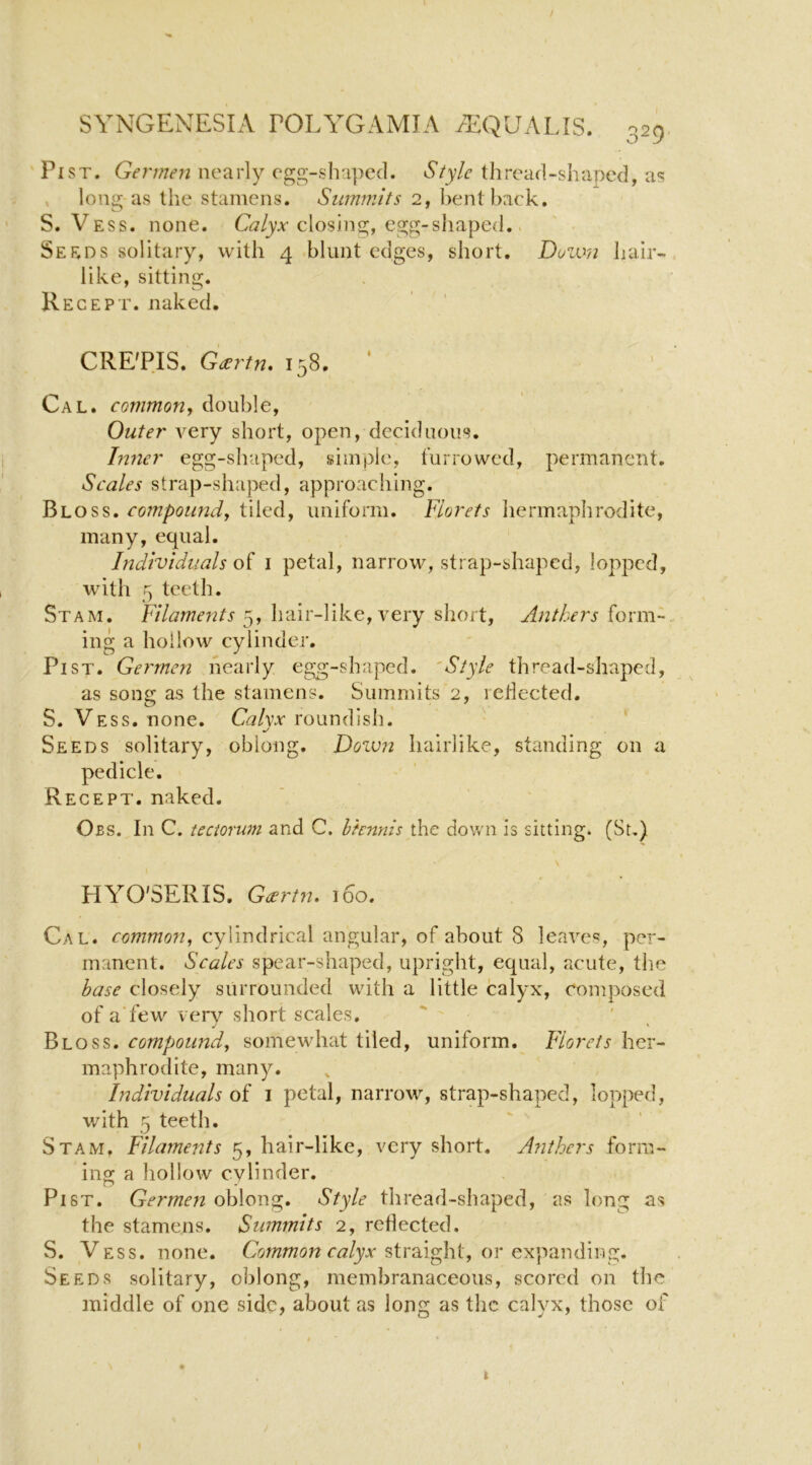 Pi ST. Germen nearly egg-shaped. Style thread-shaped, as long as the stamens. Summits 2, bent hack. S. Vess. none. closing, egg-shaped., Seeds solitary, with 4 blunt edges, short. Doum hair- like, sitting. Recep t. naked. CRE'PIS. G^rtn. 158. ' Cal. commonf double. Outer A^ery short, open, deciduous. Inner egg-shaped, simple, furrowed, permanent. Scales strap-shaped, approaching. Bloss. compoimdy tiled, uniform. Florets hermaphrodite, many, equal. Individuals oi i petal, narrow, strap-shaped, lopped, Avith 5 teeth. Stam. Filaments 5, hair-like, A^ery short. Anthers form- ing a hollow cylinder. Pi ST. Germen nearly egg-shaped. 'Style thread-shaped, as song as the stamens. Summits 2, reflected. S. Vess. none. Calvx roundish. ./ Seeds solitary, oblong. Dow?i hairlike, standing on a pedicle. Recept. naked. Obs. In C. tectorwn and C. hknnis the down is sitting. (Su) \ HYO'SERIS. Gartn, 160. Gal. common, cylindrical angular, of about 8 leaATs, per- manent. Scales spear-shaped, upright, equal, acute, the base closely surrounded with a little calyx, composed of a'few very short scales. Bloss. compound, somewhat tiled, uniform. Florets her- maphrodite, many. Individuals oi i petal, narrow, strap-shaped, lopped, with 5 teeth. Stam. Filaments 5, hair-like, very short. A?ithers form- ing a hollow cylinder. P16T. Germen oblong. Style thread-shaped, as long as the stamens. Summits 2, reflected. S. Vess. none. c^z/yv straight, or expanding. Seeds solitary, oblong, membranaceous, scored on the middle of one side, about as long as the calyx, those of