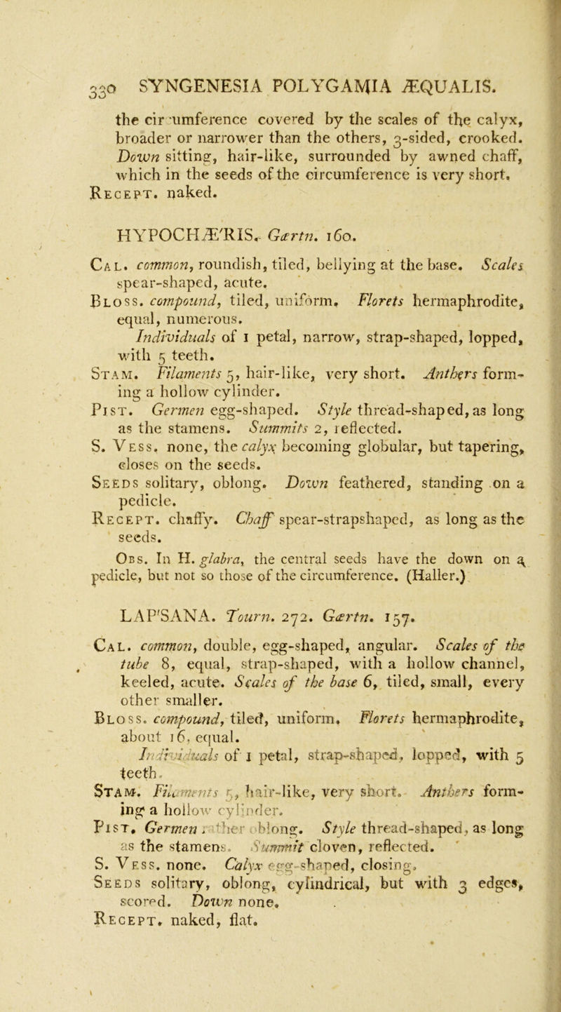 the cir umference covered by the scales of the calyx, broader or narrower than the others, 3-sided, crooked. Down sittinsr, hair-like, surrounded by awned chaff, which in the seeds of the circumference is A^ery short. Recept. naked. HYPOCH^'RIS.- Gcertn. 160. Cal. common, roundish, tiled, bellying at the base. Scalei spear-shaped, acute. Bloss. compound, tiled, uniform. Florets hermaphrodite, equal, numerous. Individuals of i petal, narrow, strap-shaped, lopped, with 5 teeth. St AM, Filaments very short. Anthers ioxm- ing a hollow cylinder. PisT. Germen egg-shaped. Style thread-shaped,as long as the stamens. Summits 2, reflected. S. Vess. none, caly^e, becoming globular, but tapering, closes on the seeds. Seeds solitary, oblong. Down feathered, standing on a pedicle. Recept. chaffy. Chaff spear-strapshaped, as long as the seeds. Obs. In YL. glabra, the central seeds have the down on ^ pedicle, but not so those of the circumference, (Haller.), Lx\P'SANA. Tourn. 272. Gcertn. 157, Cal. common, double, egg-shaped, angular. Scales of the tube 8, equal, strap-shaped, with a hollow channel, keeled, acute. Seales of the base 6, tiled, small, every other smaller. Bloss. compound, tUect, uniform. Florets hermaphrodite, about 16, equal. Individuals of I petal, strap-shaped, lopped, with 5 teeth. Stam. Filaments 5, hair-like, very short. Anthers form- ing a hollow cylinder. Fist. Germen rather oblong. Style thread-shaped, as long as the stamens. Summit cXoYtvs, reflected. S. Vess. none. Calyx e<rg-shaped, closing. Seeds solitary, oblong, cylindrical, but with 3 edges, scorn'd. Down none. Recept. naked, flat.